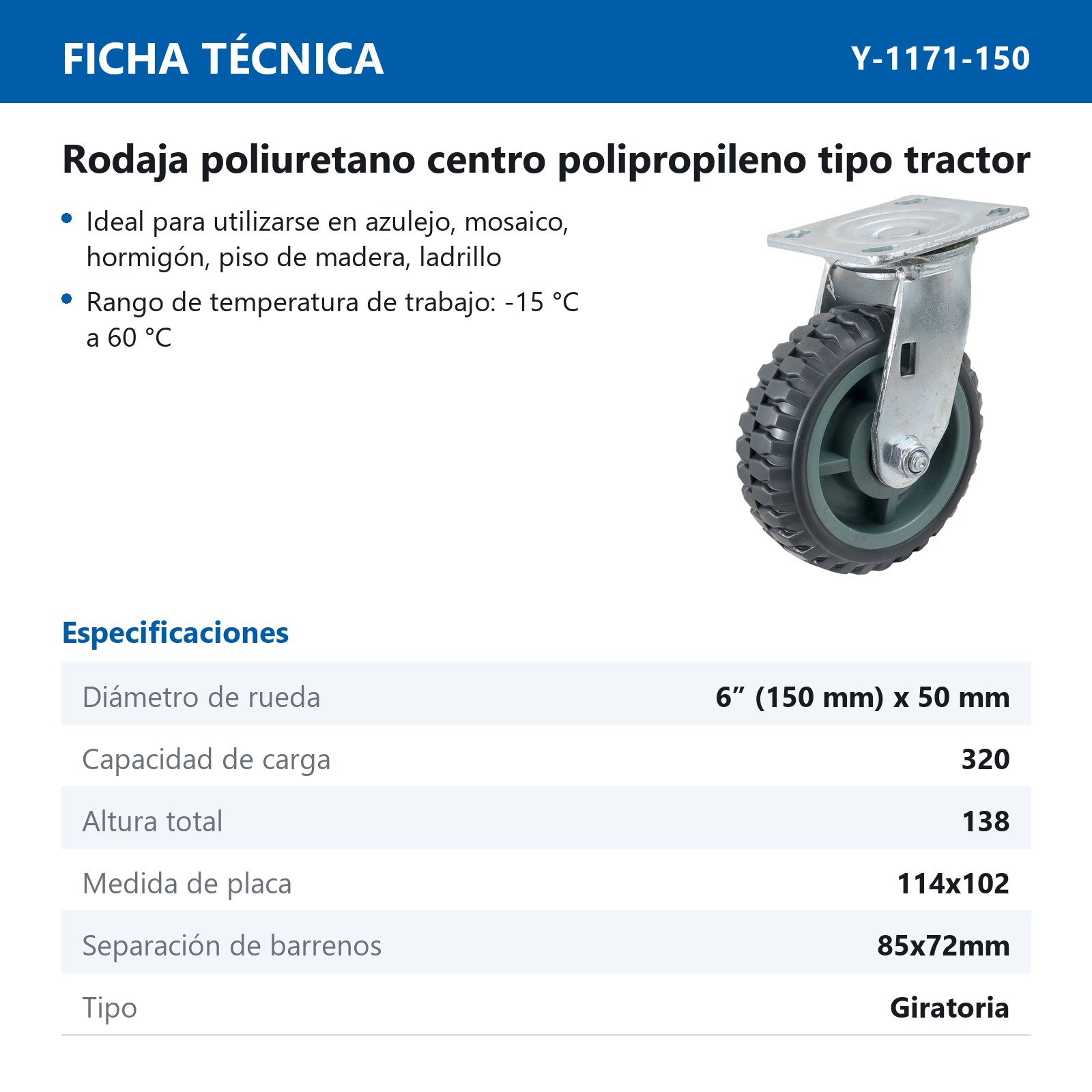 RODAJA DE PU CENTRO PP GIR. TIPO TRACTOR 6" (150*50MM) - Imagen 2