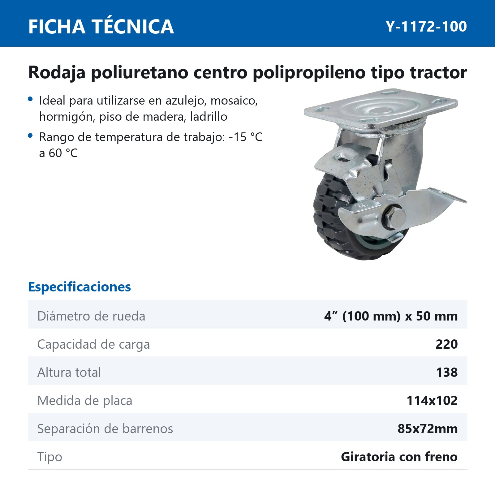 RODAJA DE PU CENTRO PP GIR. C/FRENO TIPO TRACTOR 4" (100*50MM) - Imagen 2