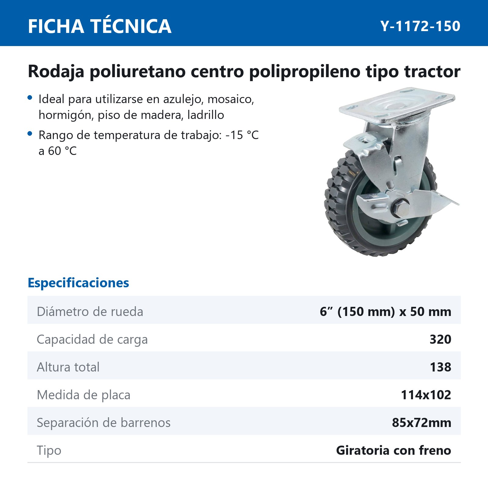 RODAJA DE PU CENTRO PP GIR. C/FRENO TIPO TRACTOR 6" (150*50MM) - Imagen 2