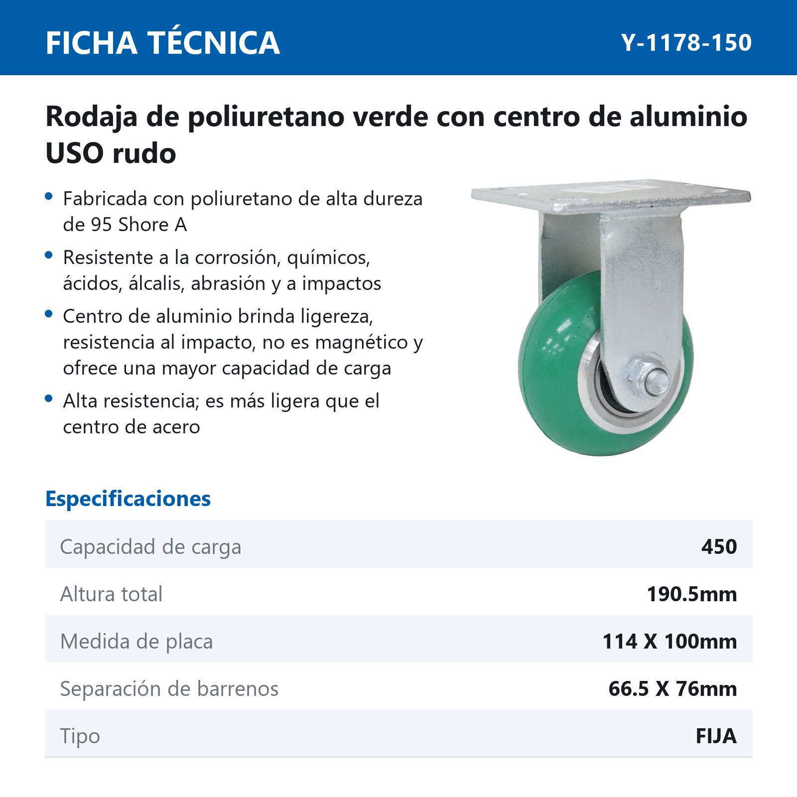 RODAJA PU VERDE C/ALUMINIO FIJA 6x2" - Imagen 2