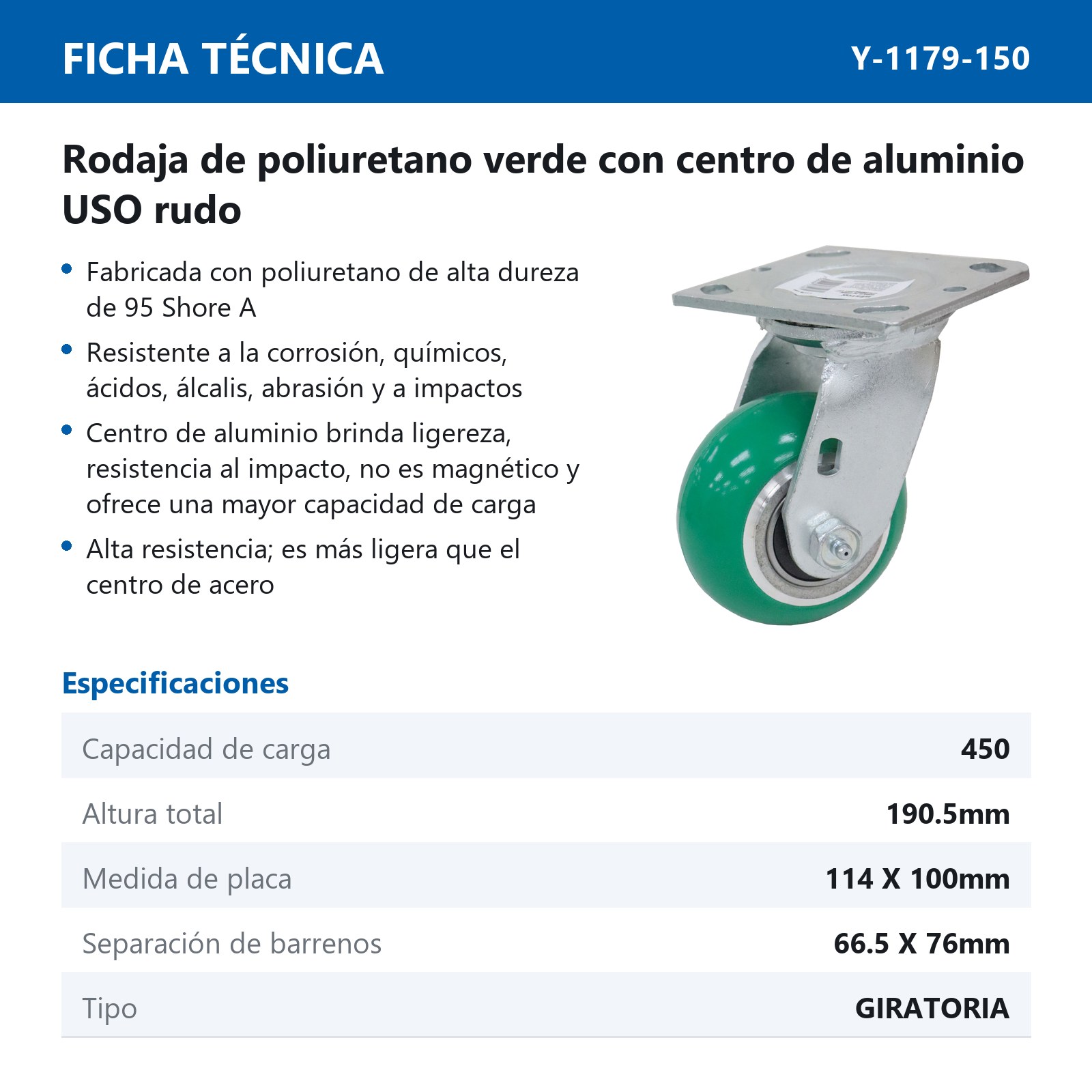 RODAJA PU VERDE C/ALUMINIO GIRA. 6X2" - Imagen 2