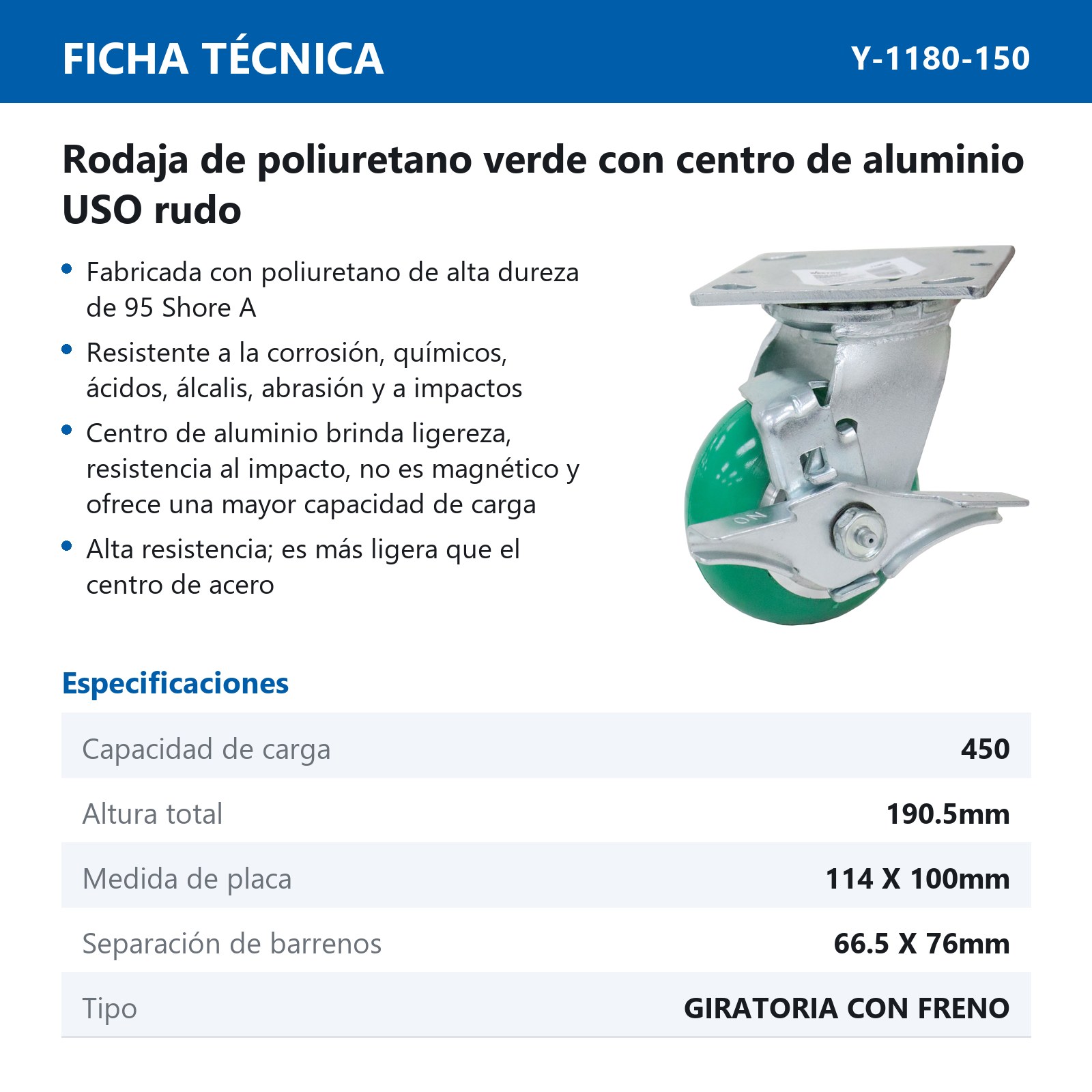 RODAJA PU VERDE C/ALUMINIO GIRA. C/FRENO 6X2" - Imagen 2