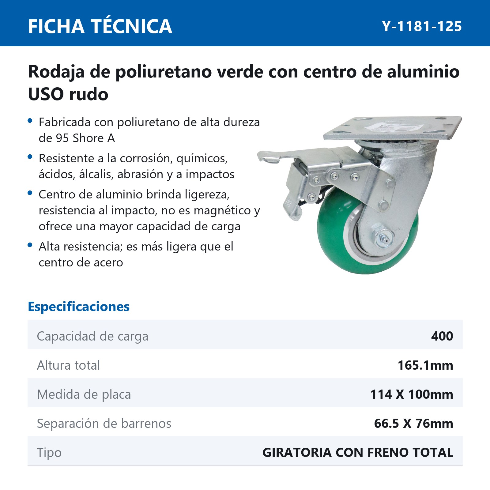 RODAJA PU VERDE C/ALUMINIO GIRA. C/FRENO TOTAL 5X2" - Imagen 2