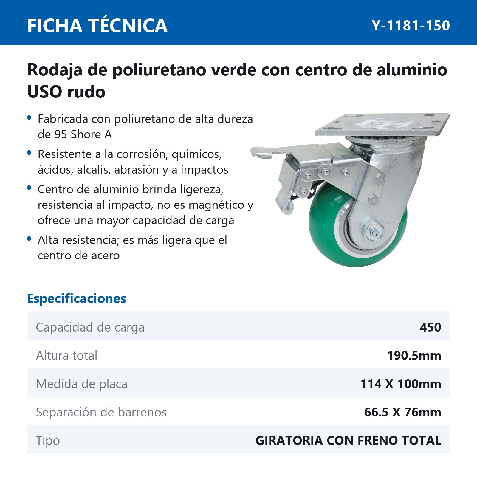 RODAJA PU VERDE C/ALUMINIO GIRA. C/FRENO TOTAL 6X2" - Imagen 2