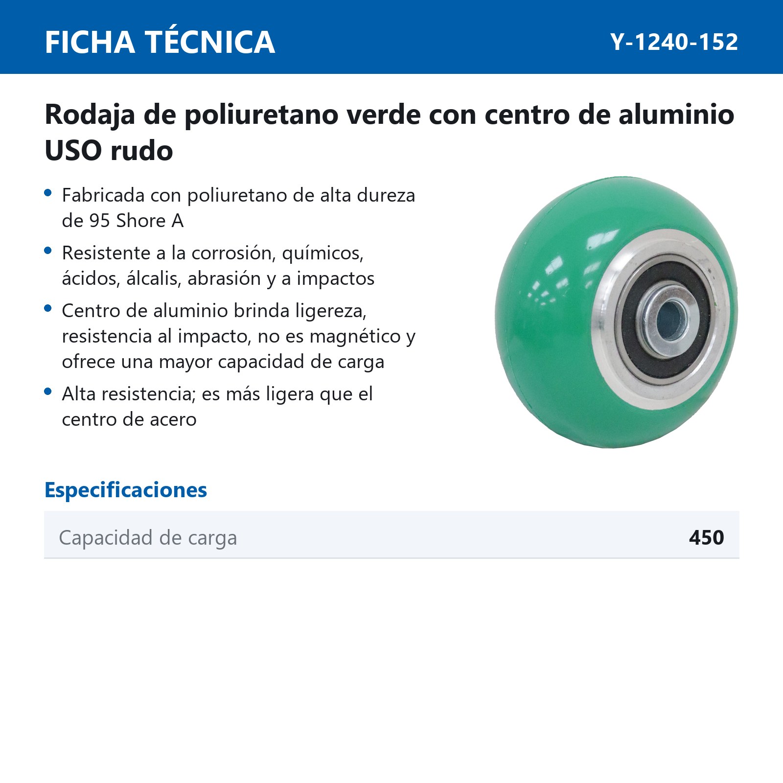 RUEDA DE ALUMINIO C/PU VERDE 6X2" C/BALERO - Imagen 2