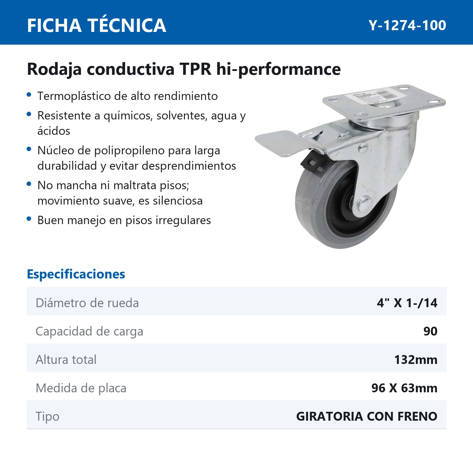RODAJA CONDUCTIVA TPR HI-PERFORMANCE GIRA. C/FRENO 4X1-1/4" - Imagen 2