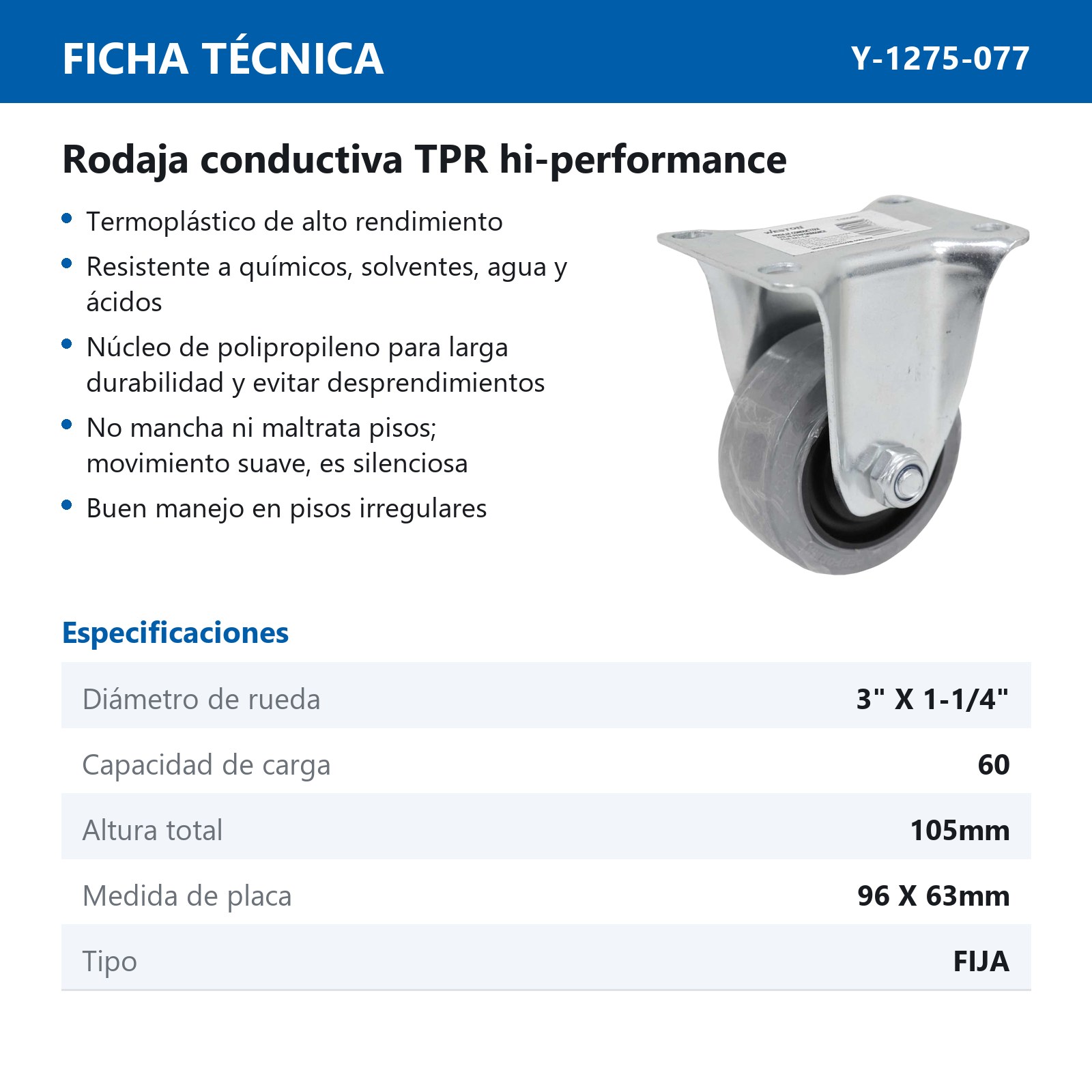 RODAJA CONDUCTIVA TPR HI-PERFORMANCE FIJA 3X1-1/4" - Imagen 2