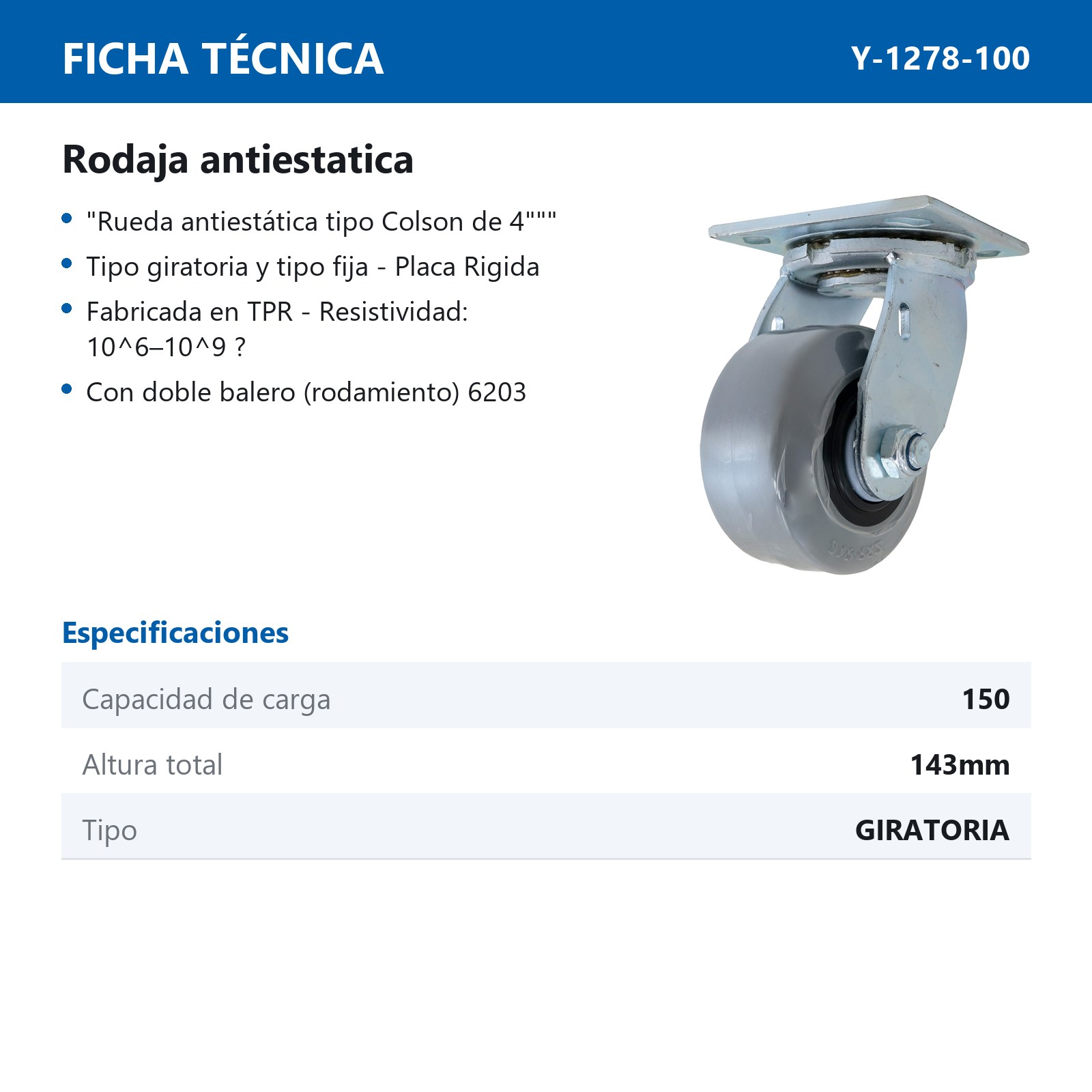 RODAJA ANTIESTATICA TPR GIRATORIA 4" x 2" - Imagen 4