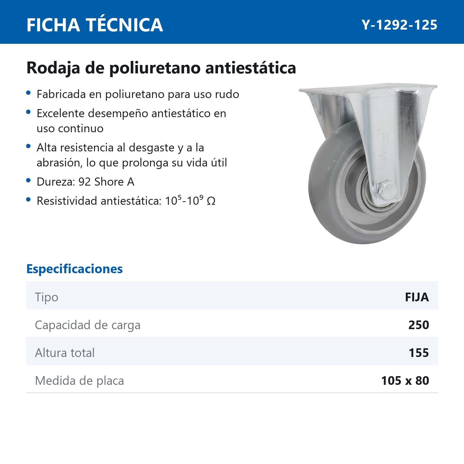 RODAJA ANTIESTATICA PU FIJA 5" X 1-1/2" USO RUDO - Imagen 3