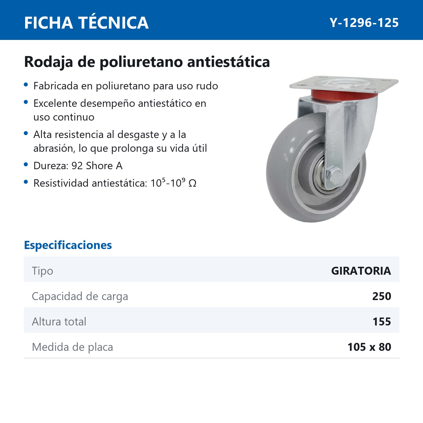 RODAJA ANTIESTATICA PU GIRATORIA 5" X 1-1/2" USO RUDO - Imagen 3