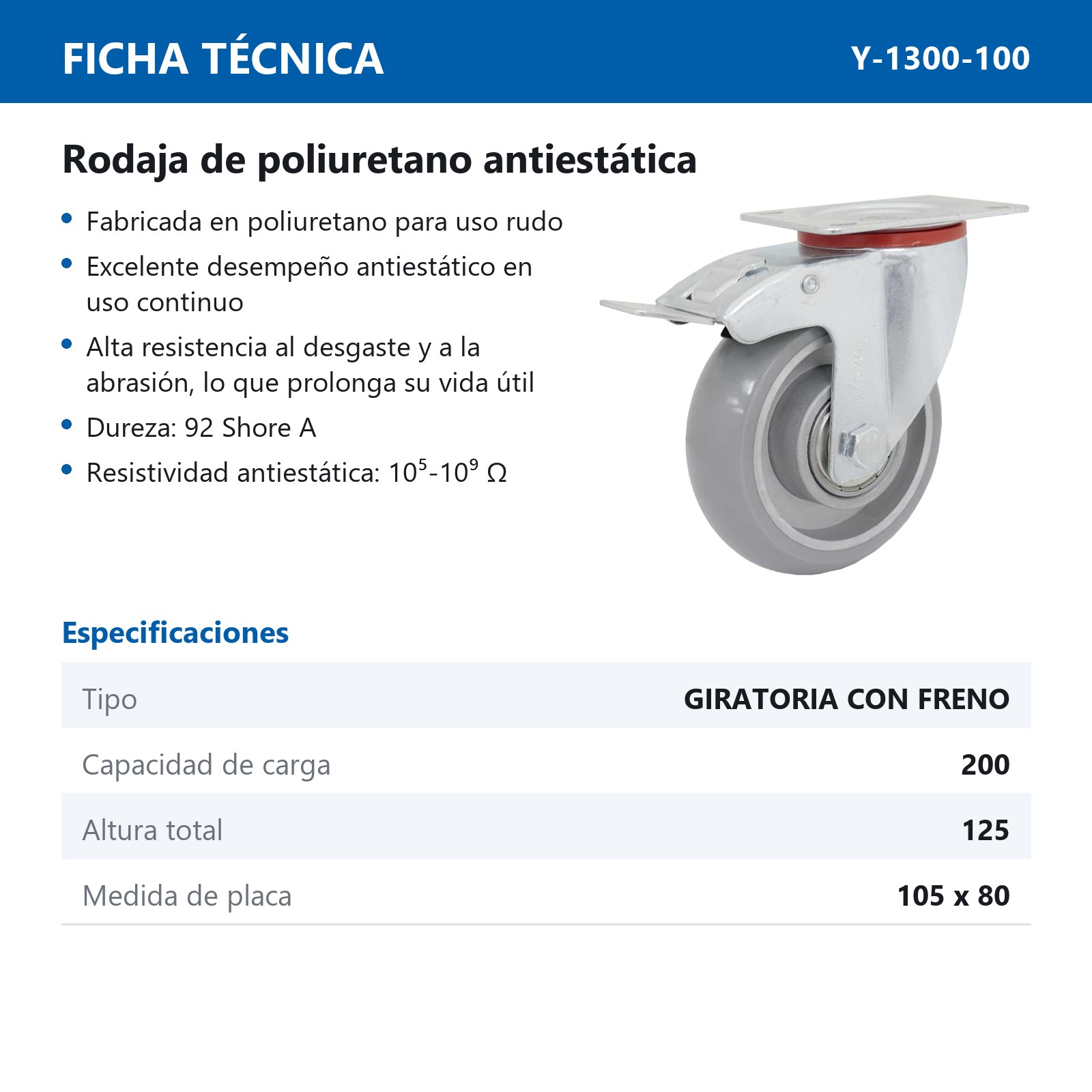 RODAJA ANTIESTATICA PU GIRATORIA CON FRENO 4" X 1-1/2" USO RUDO - Imagen 3