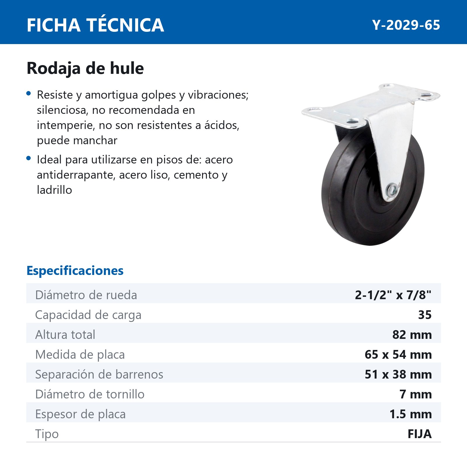 RODAJA DE HULE FIJA 65X23MM - Imagen 2