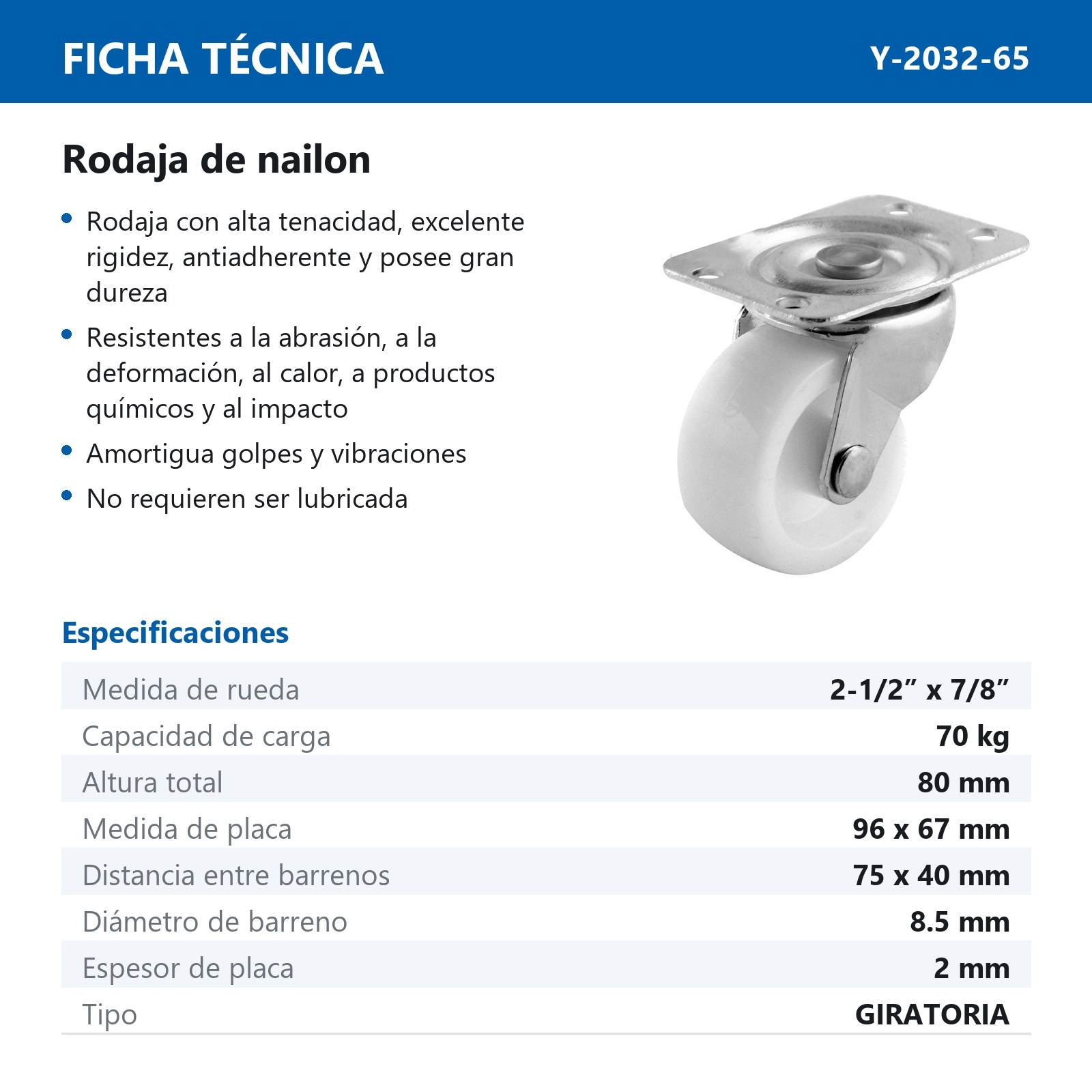 RODAJA NYLON GIRA. 2-1/2" x 7/8" - Imagen 2
