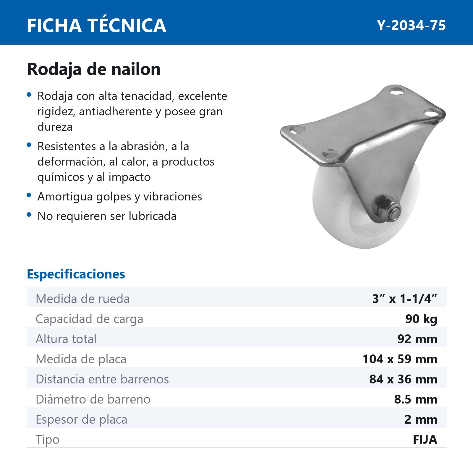 RODAJA NYLON FIJA 3 x 1-1/4" - Imagen 2