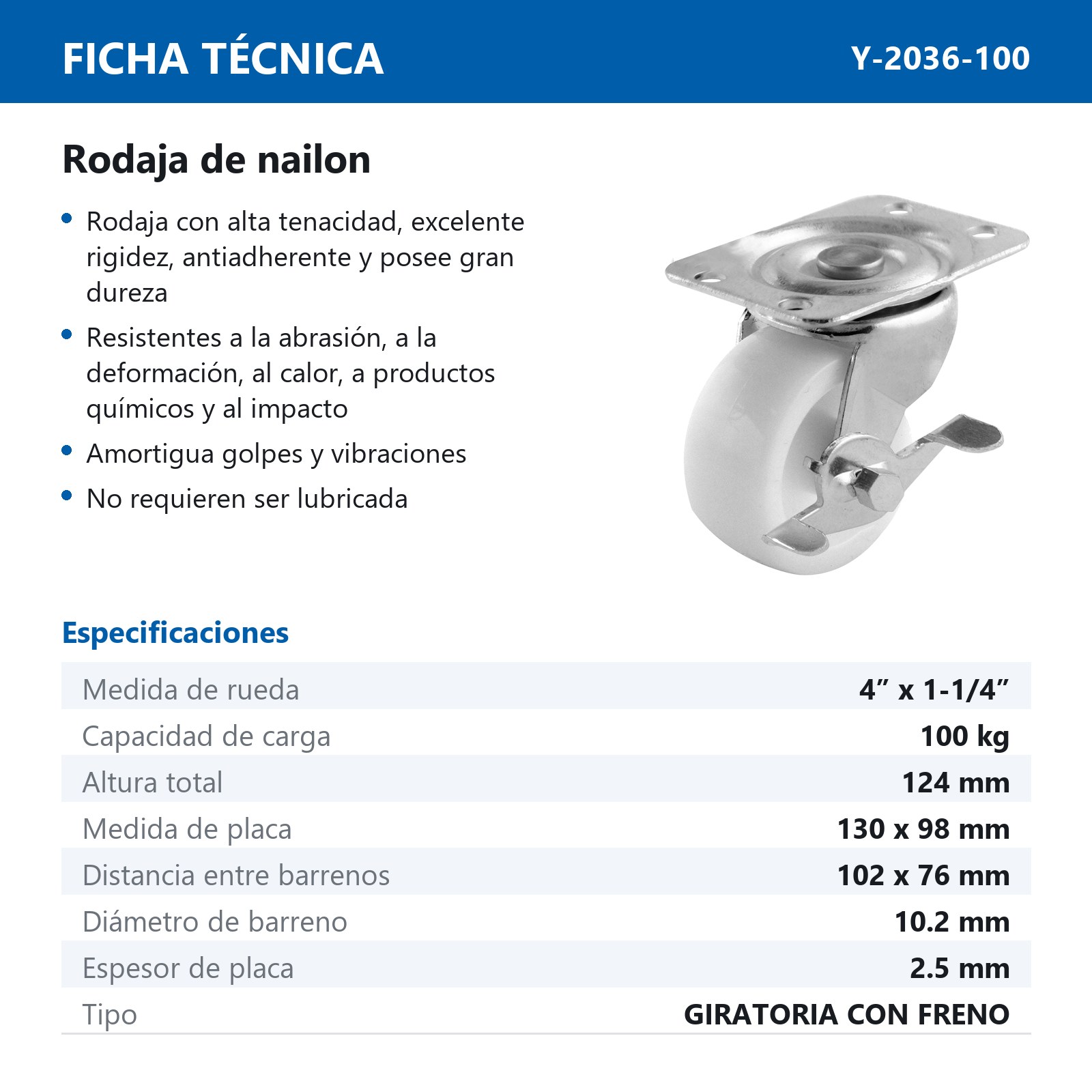 RODAJA NYLON 4" x 1-1/4" GIRA. C/FRENO - Imagen 2
