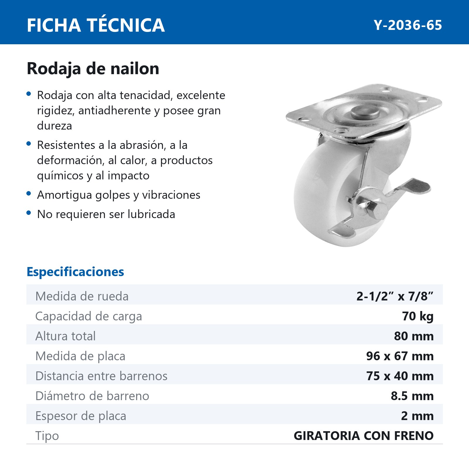 RODAJA NYLON 2-1/2" x 7/8" GIRA. C/FRENO - Imagen 2