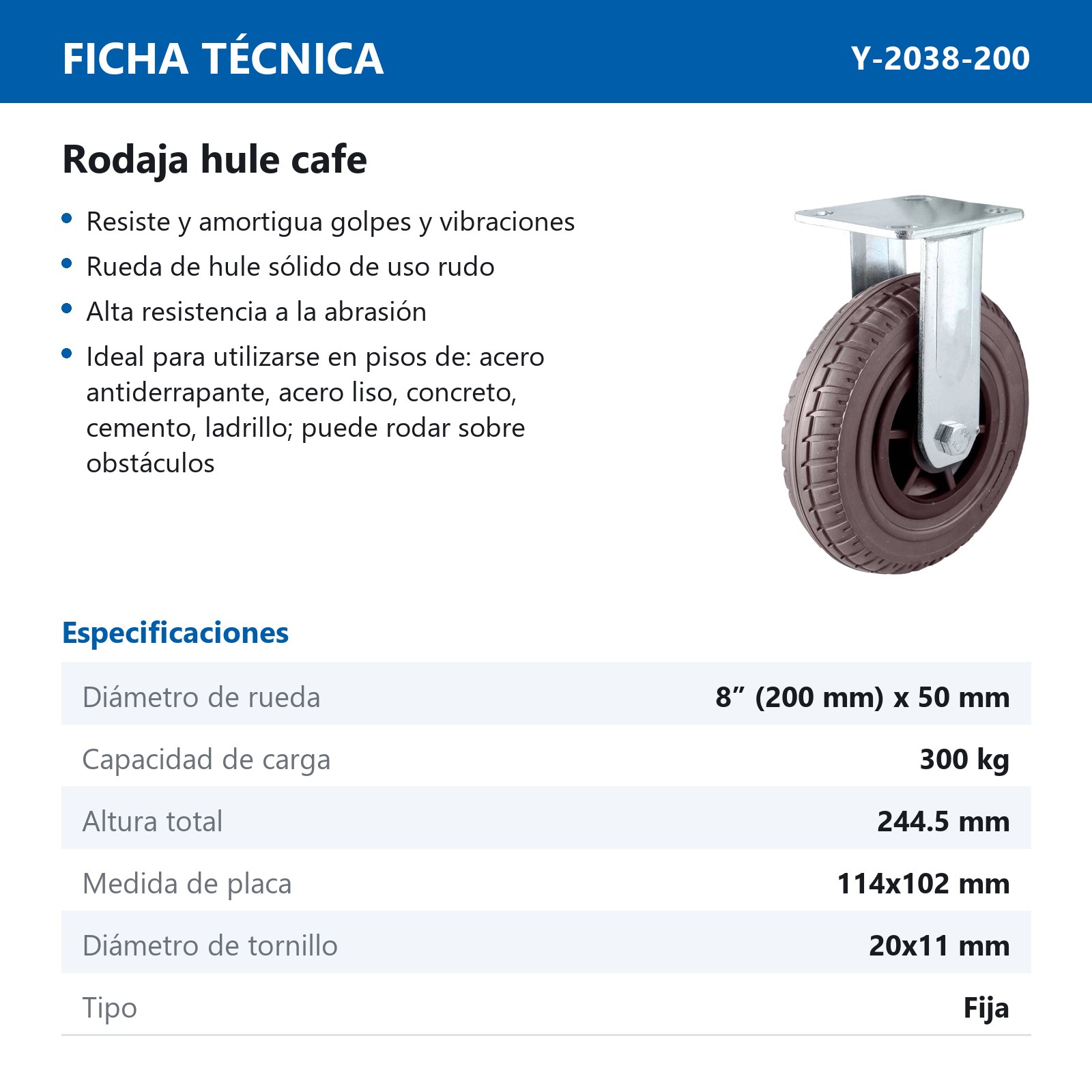 RODAJA DE HULE CAFE USO RUDO FIJA 8" (200X50MM) - Imagen 2