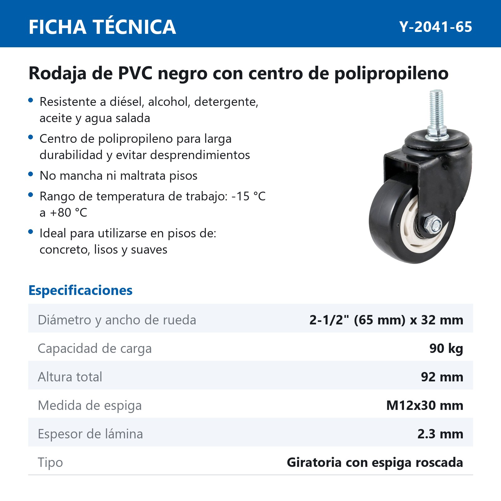RODAJA DE PVC NEGRO GIRATORIA C/ESPIGA ROSCADA 2-1/2" (65X32MM) - Imagen 2
