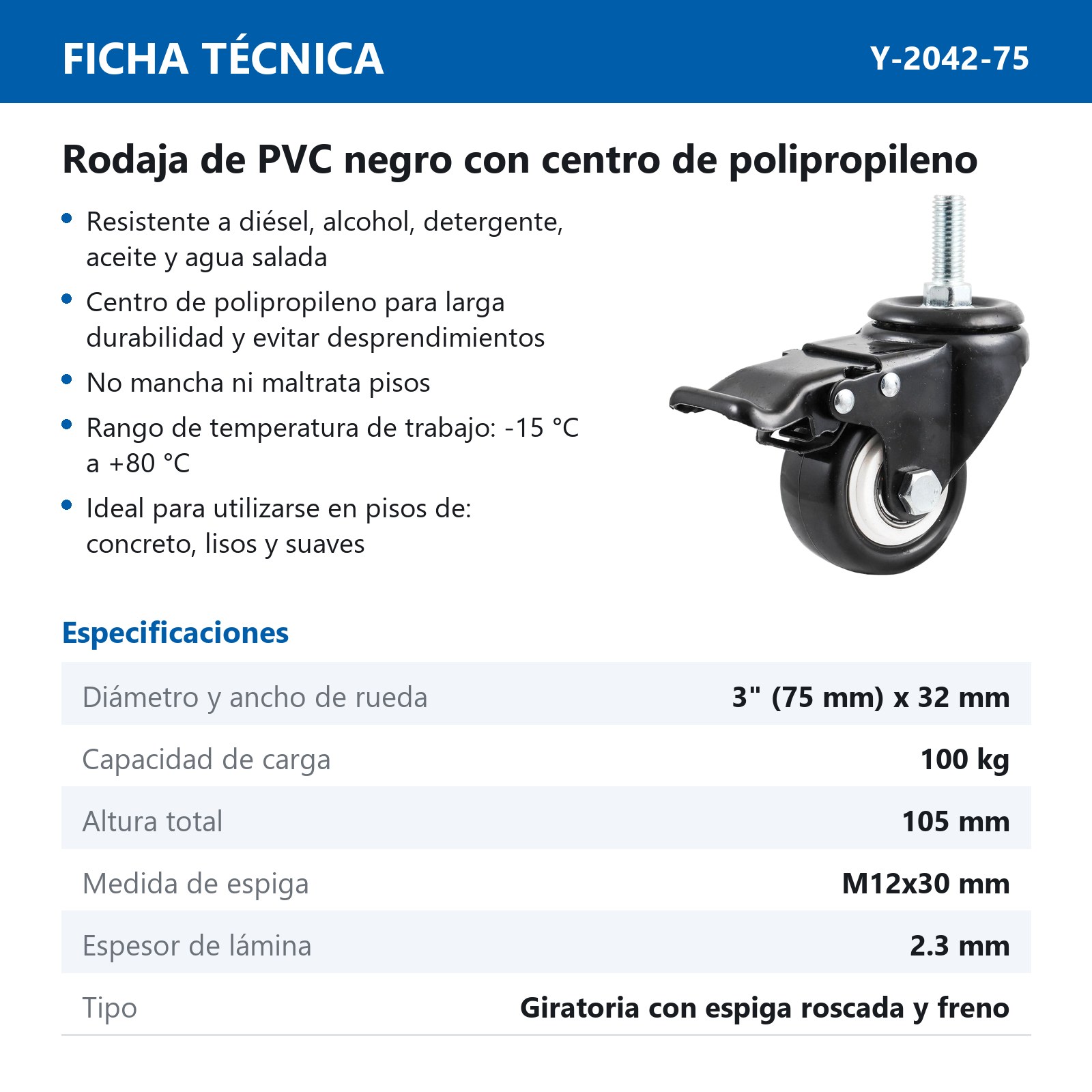 RODAJA DE PVC NEGRO GIRATORIA C/FRENO C/ESPIGA ROSCADA 3" (75X32MM) - Imagen 2