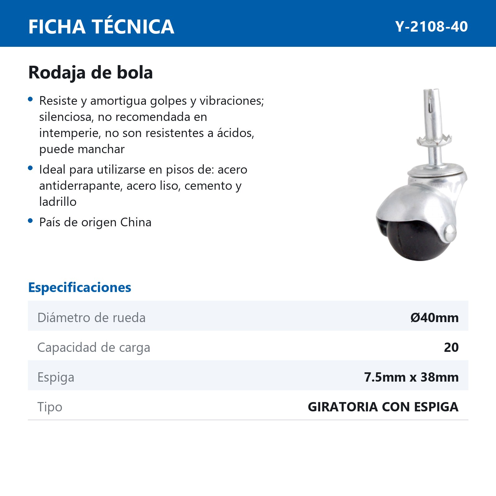 RODAJA DE BOLA C/ESPIGA 40MM Ø (Precio x pieza - Empaque c/4 pzas) - Imagen 2