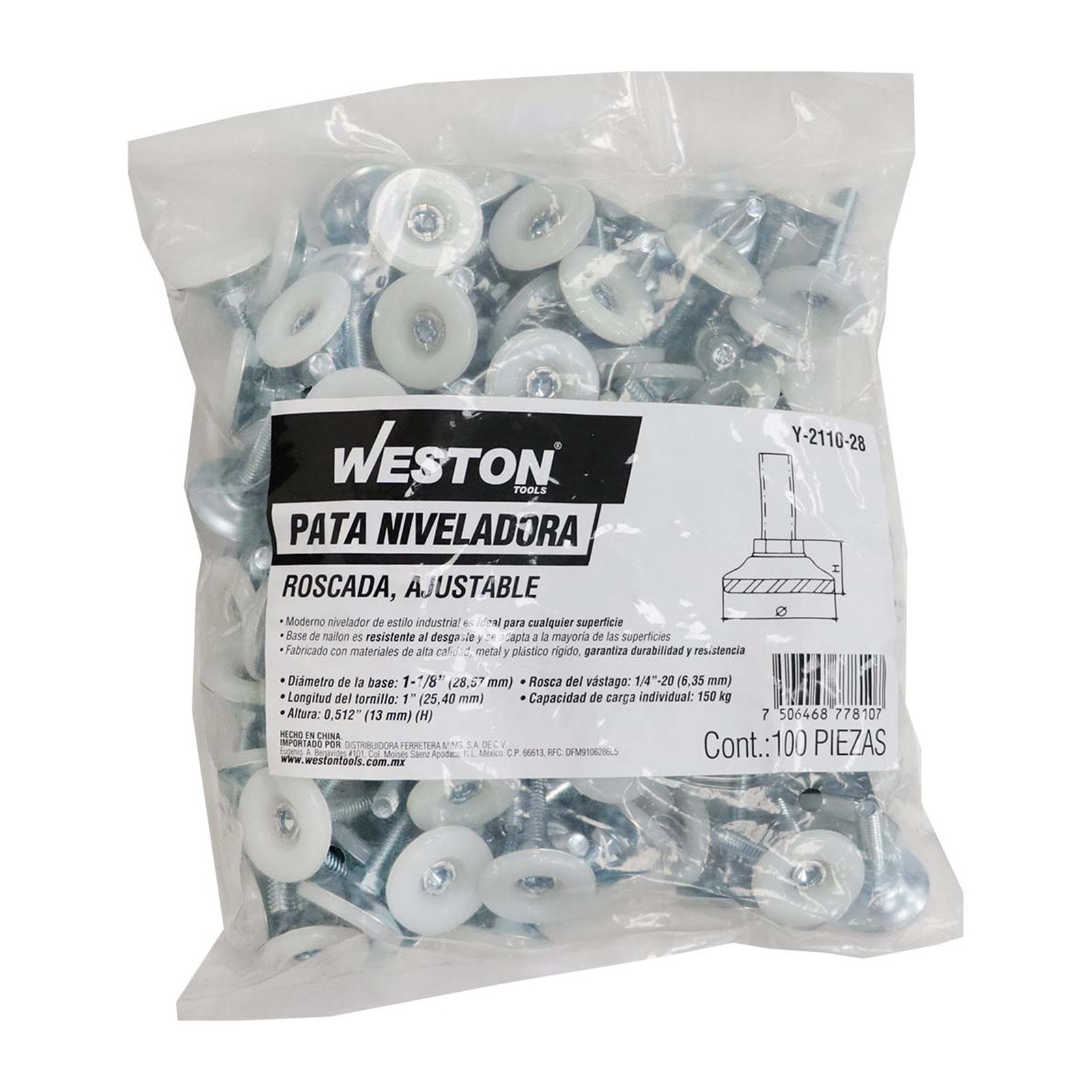 PATA NIVELADORA ROSCADA AJUSTABLE CON ZAPATA PARA MUEBLES 1-1/8" (Bolsa c/100 pzs - Precio x Pza) - Imagen 4