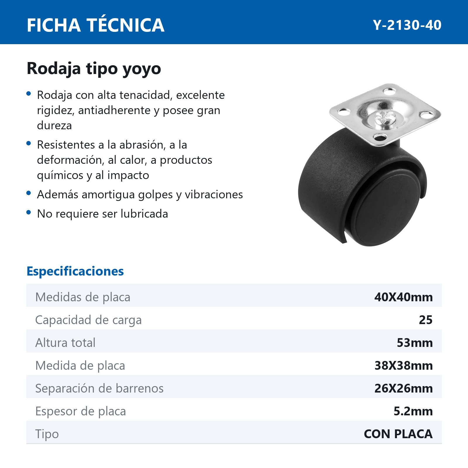 RODAJA TIPO YOYO C/PLACA 40MM x 40MM (Precio x pieza - Empaque c/4 pzas) - Imagen 3