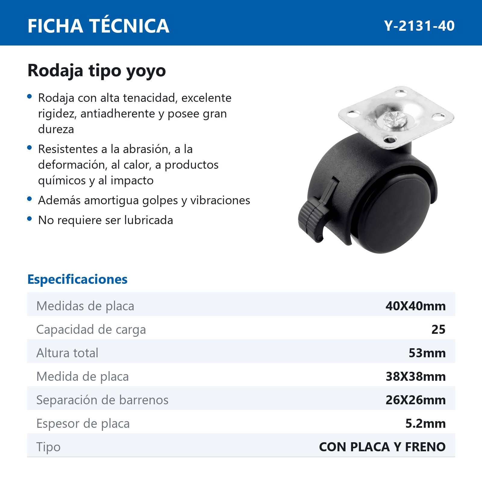 RODAJA TIPO YOYO PLACA C/FRENO 40MM X 40MM (Precio x pieza - Empaque c/4 pzas) - Imagen 3