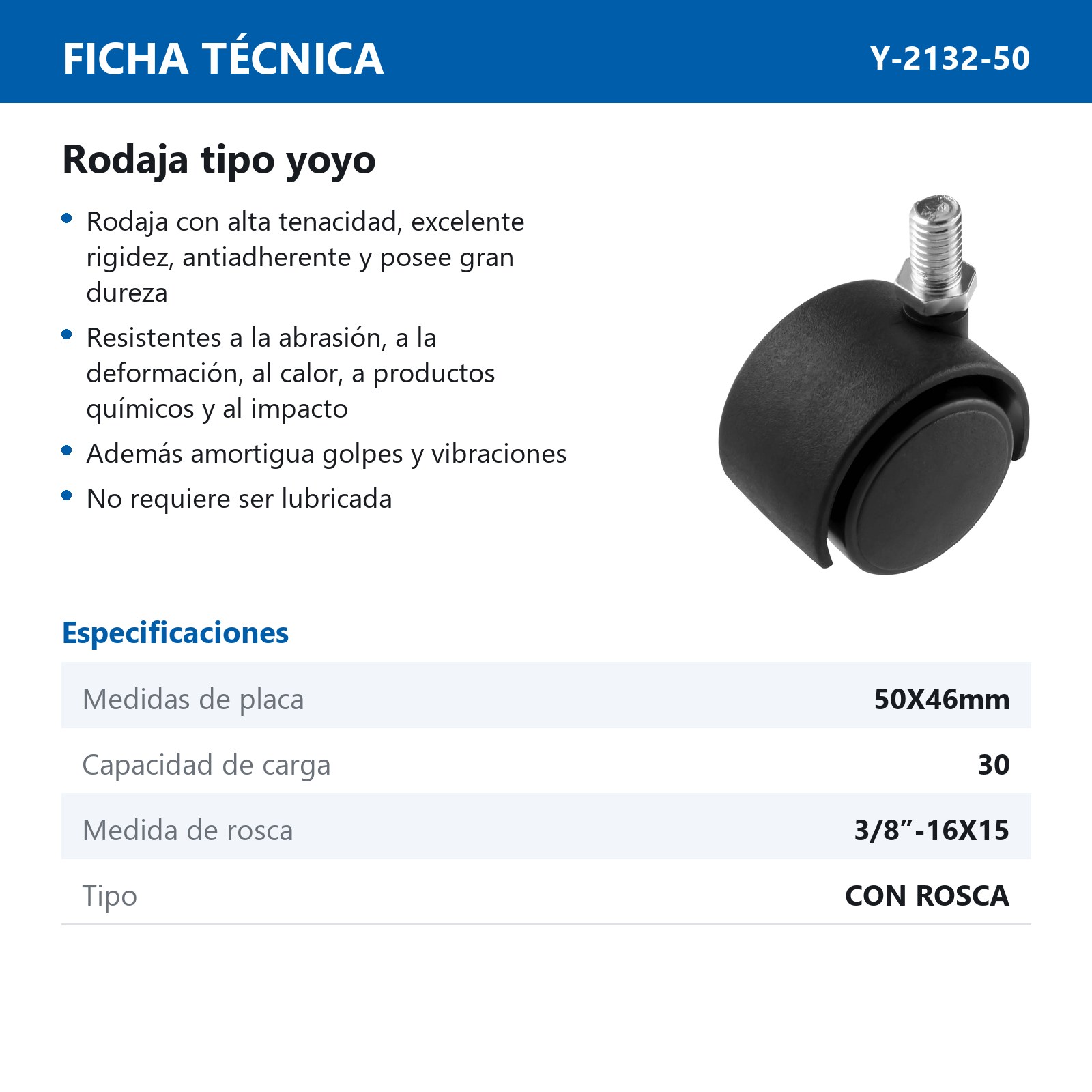 RODAJA TIPO YOYO C/ROSCA 3/8-16 50MM X 46MM  (Precio x pieza - Empaque c/4 pzas) - Imagen 3