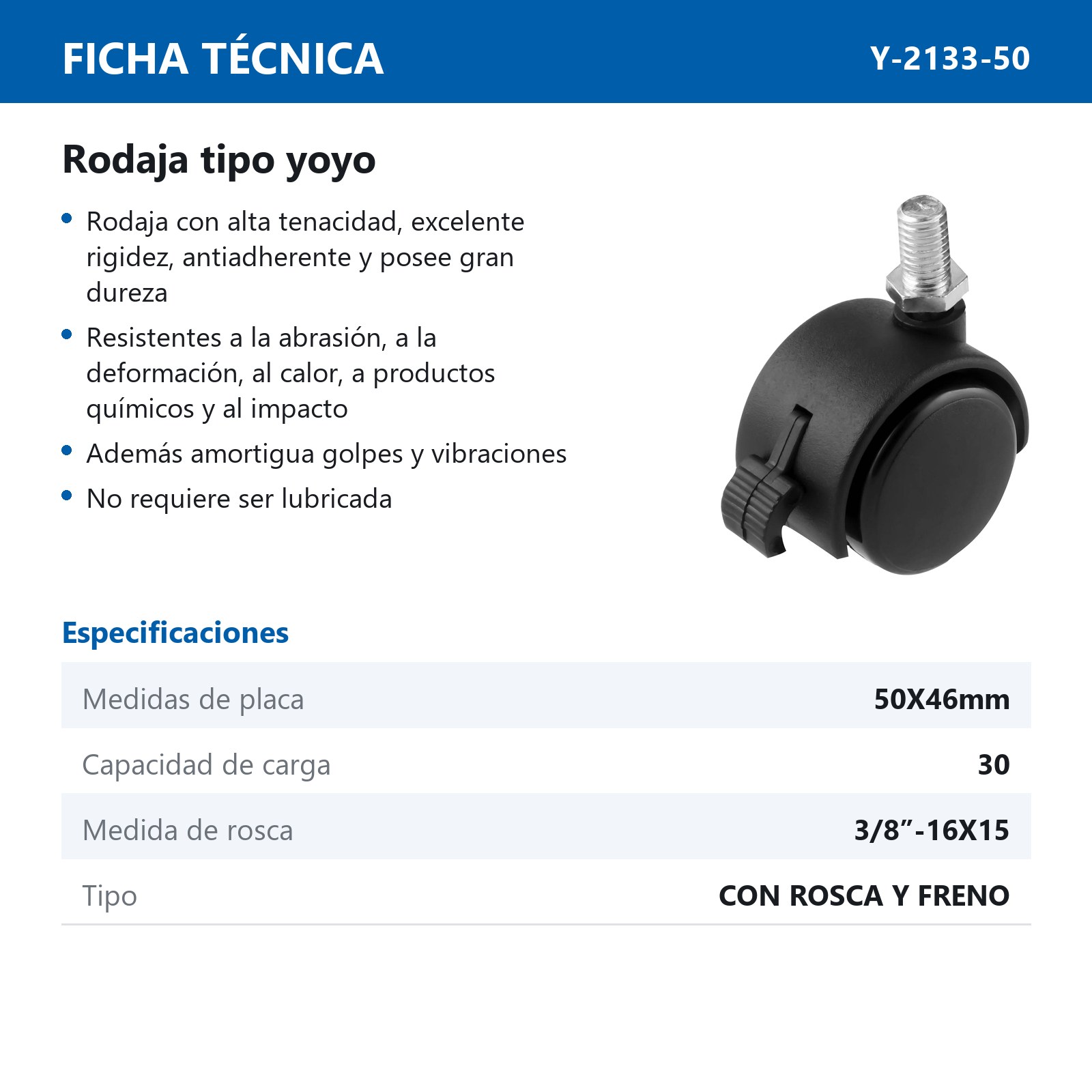 RODAJA TIPO YOYO C/ROSCA 3/8-16 Y FRENO 50MM X 46MM (Precio x pieza - Empaque c/4 pzas) - Imagen 3