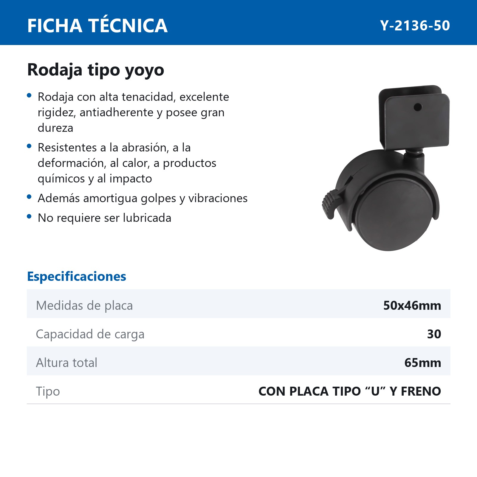 RODAJA TIPO YOYO C/PLACA "U" c/freno 50X46MM (Precio x pieza - Empaque c/4 pzas) - Imagen 4