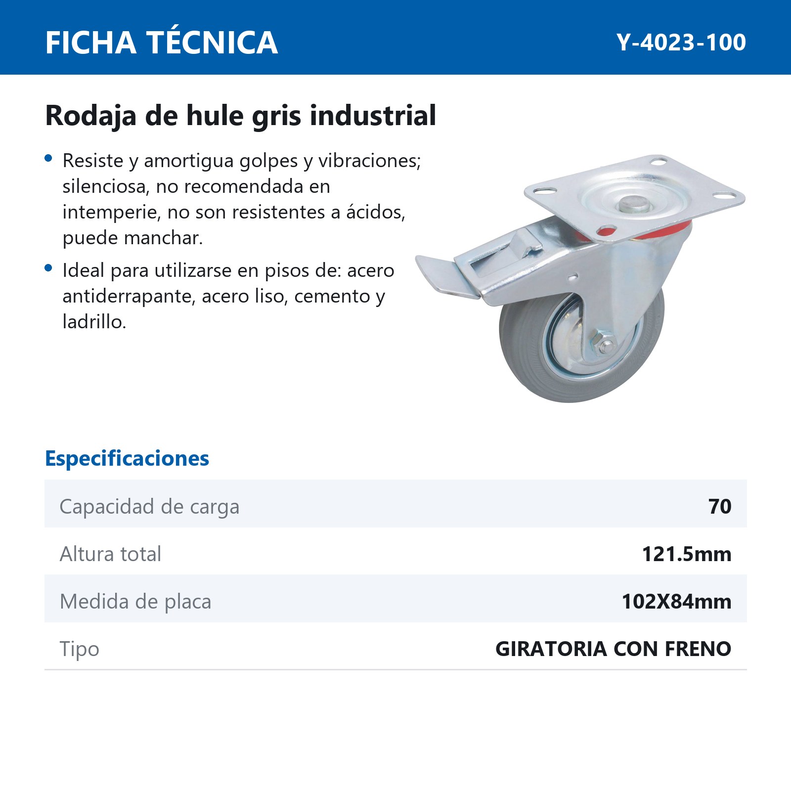 RODAJA GRIS INDUSTRIAL GIRA. C/FRENO 100X30MM - Imagen 2
