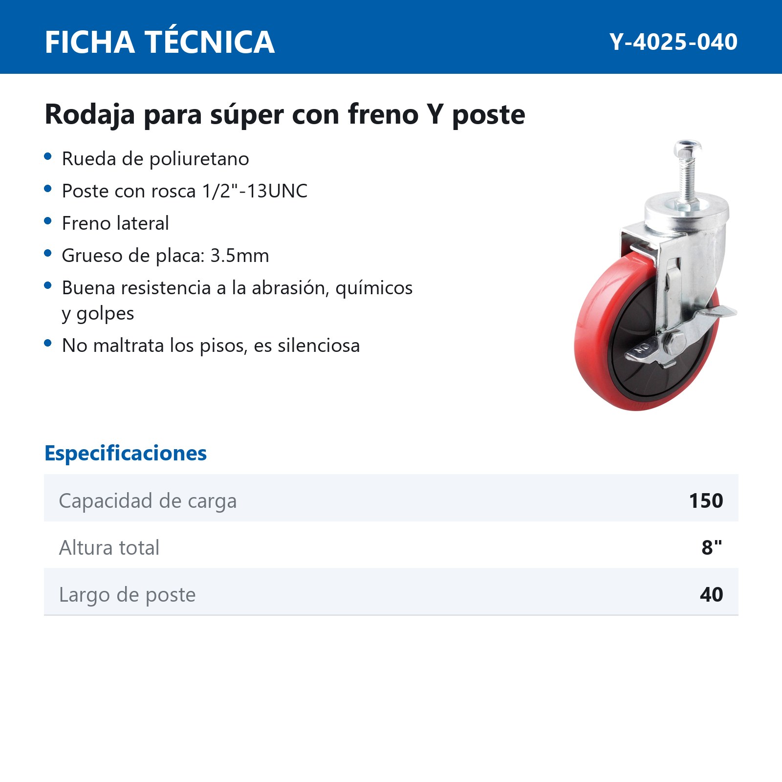 RODAJA P/SUPER C/FRENO 5" x 1-1/4" C/POSTE 60 MM - Imagen 2