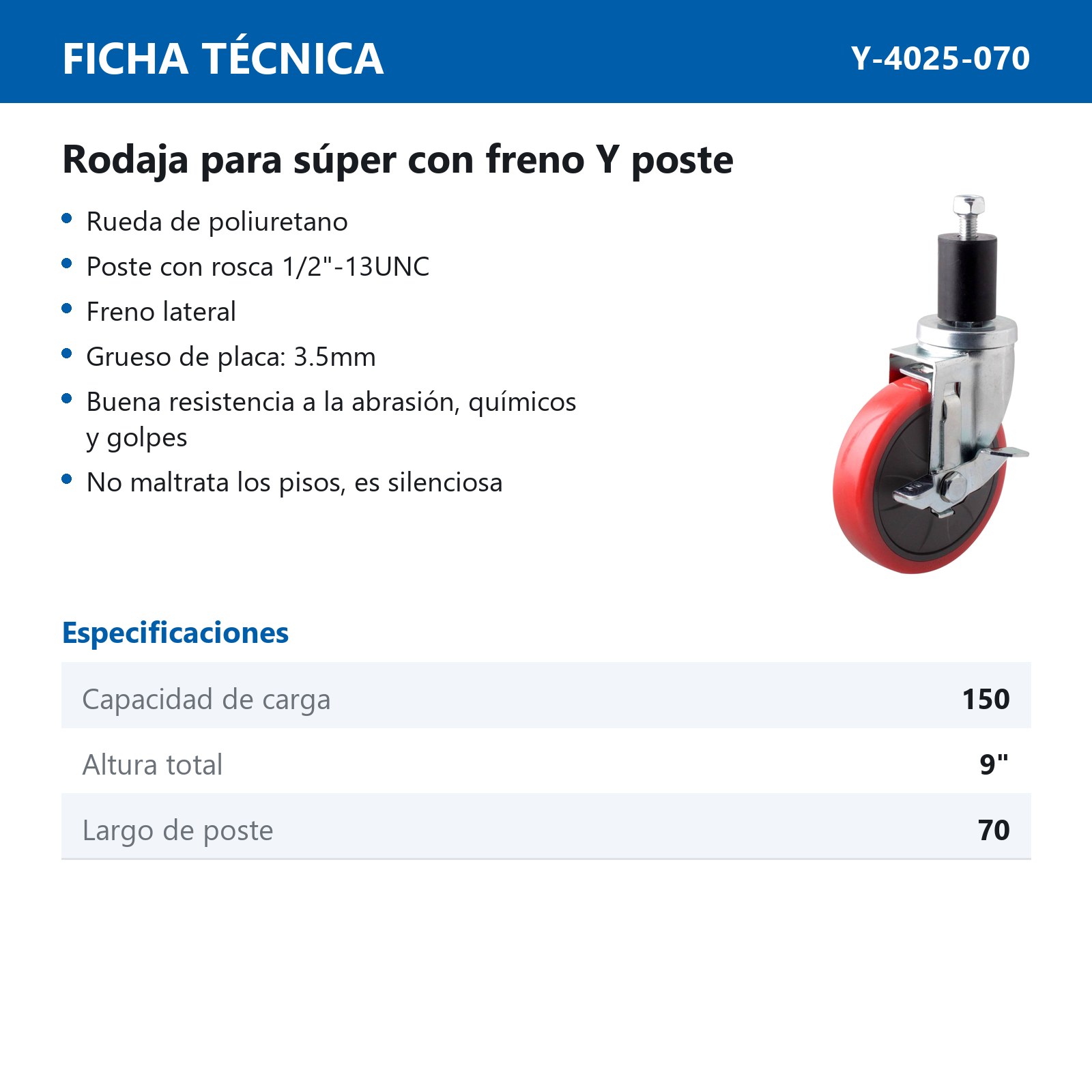 RODAJA P/SUPER C/FRENO 5" x 1-1/4" C/POSTE 60 MM (C/EMPAQUE DE GOMA) - Imagen 2