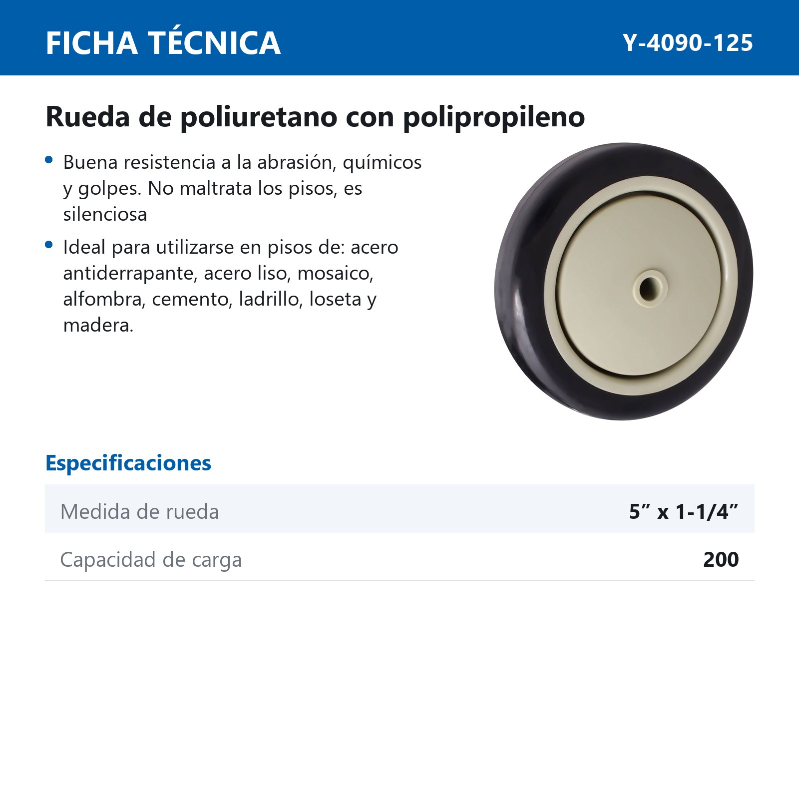 RUEDA P/RODAJA PU /PP SUPER 5" X 1-1/4" - Imagen 2