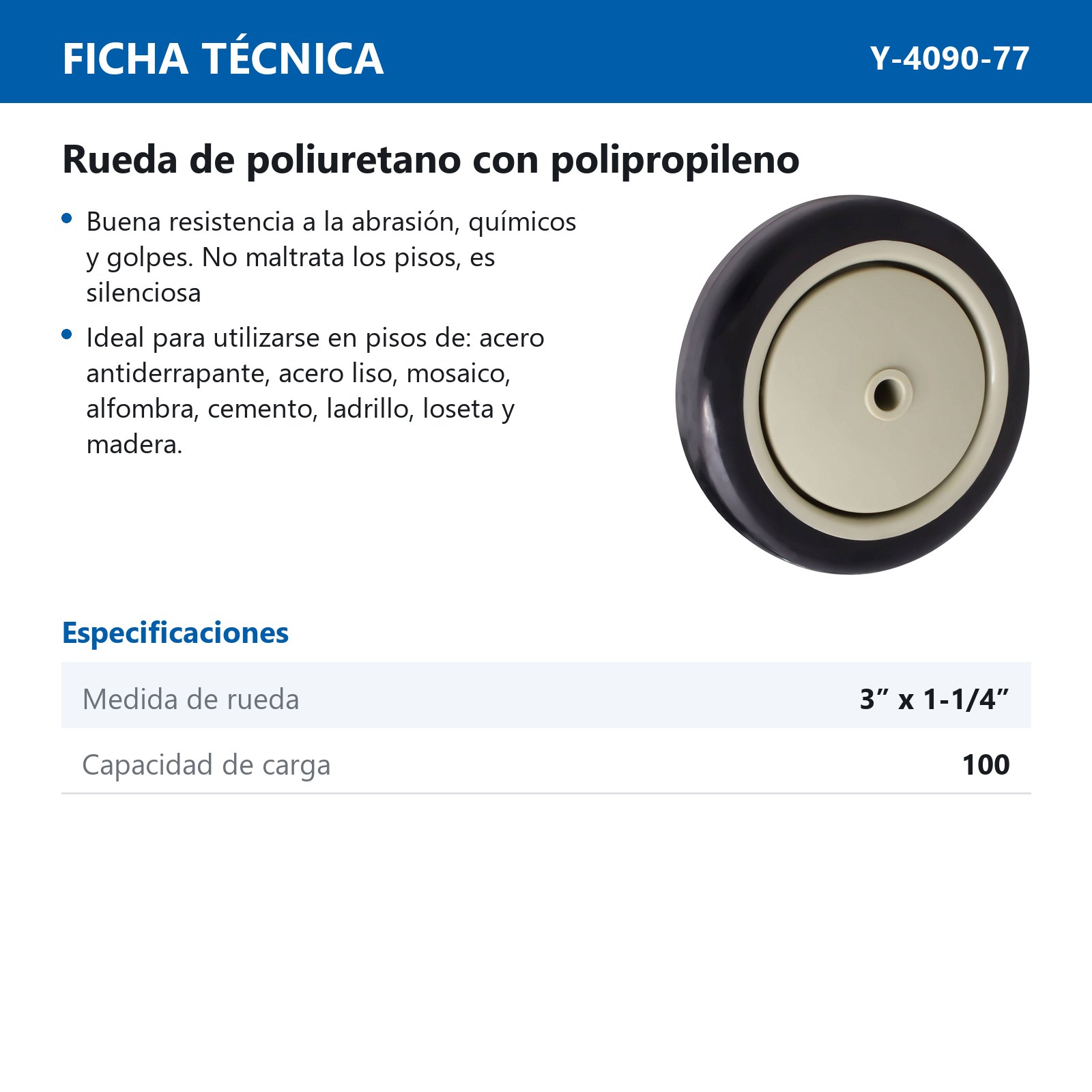 RUEDA P/RODAJA PU /PP SUPER 3" X 1-1/4" - Imagen 2