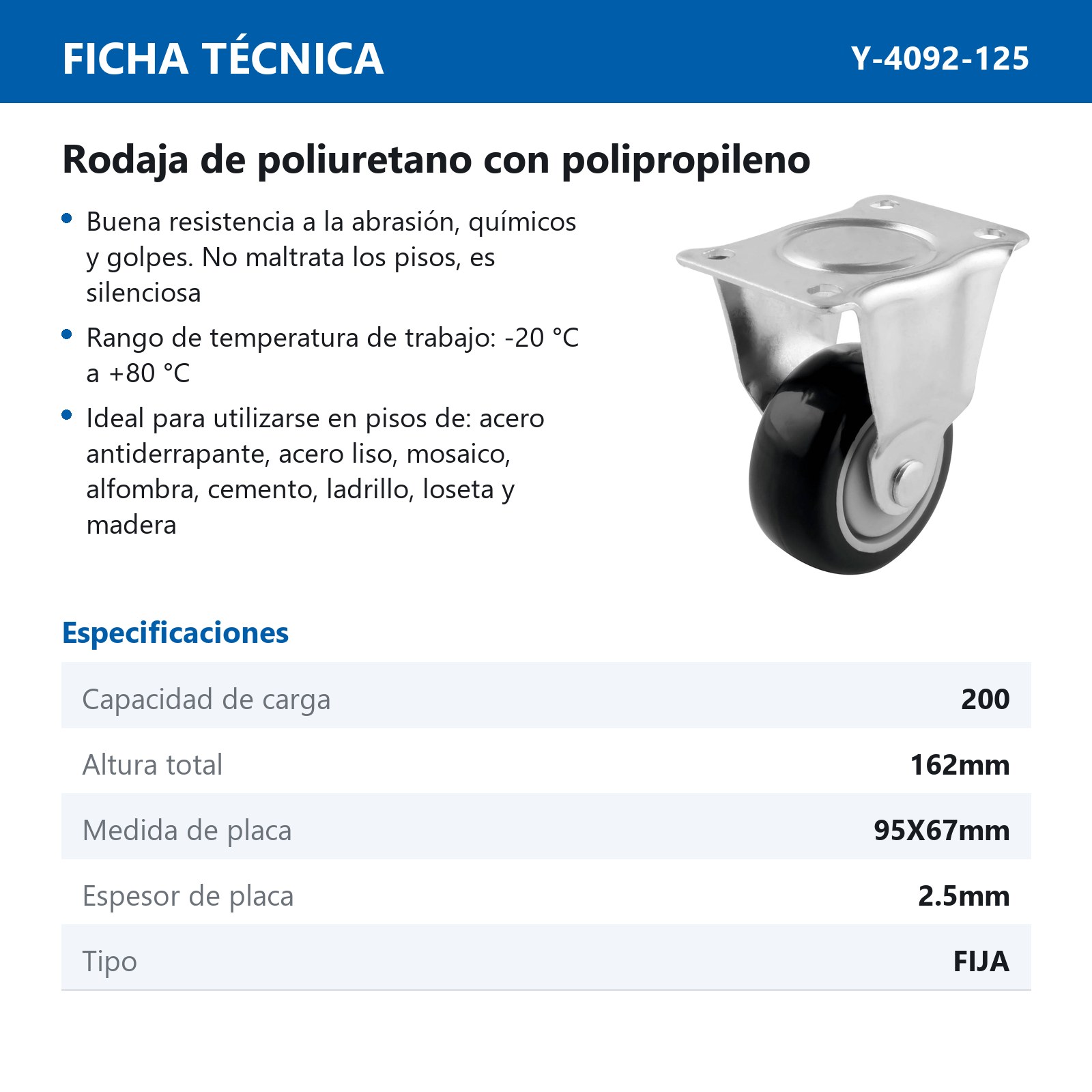 RODAJA PU /PP P/CARRITO SUPER FIJA 126X32 - Imagen 2