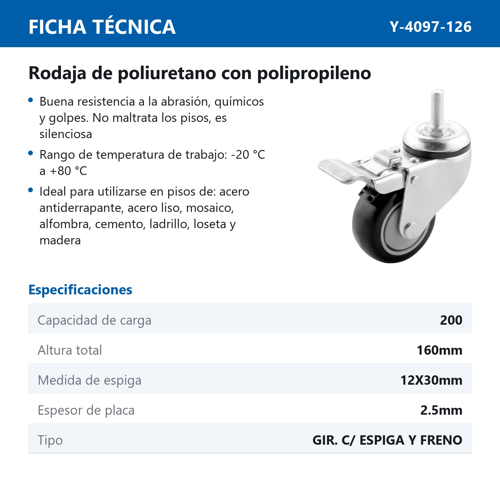 RODAJA P/SUPER C/ESPIGA GIRA. C/FRENO 126X32MM - Imagen 2