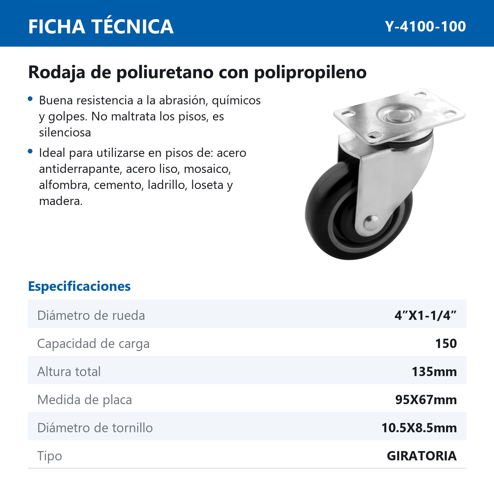 RODAJA PU/PP 4" x 1-1/4" P/CARRITO SUPER GIRA. - Imagen 2