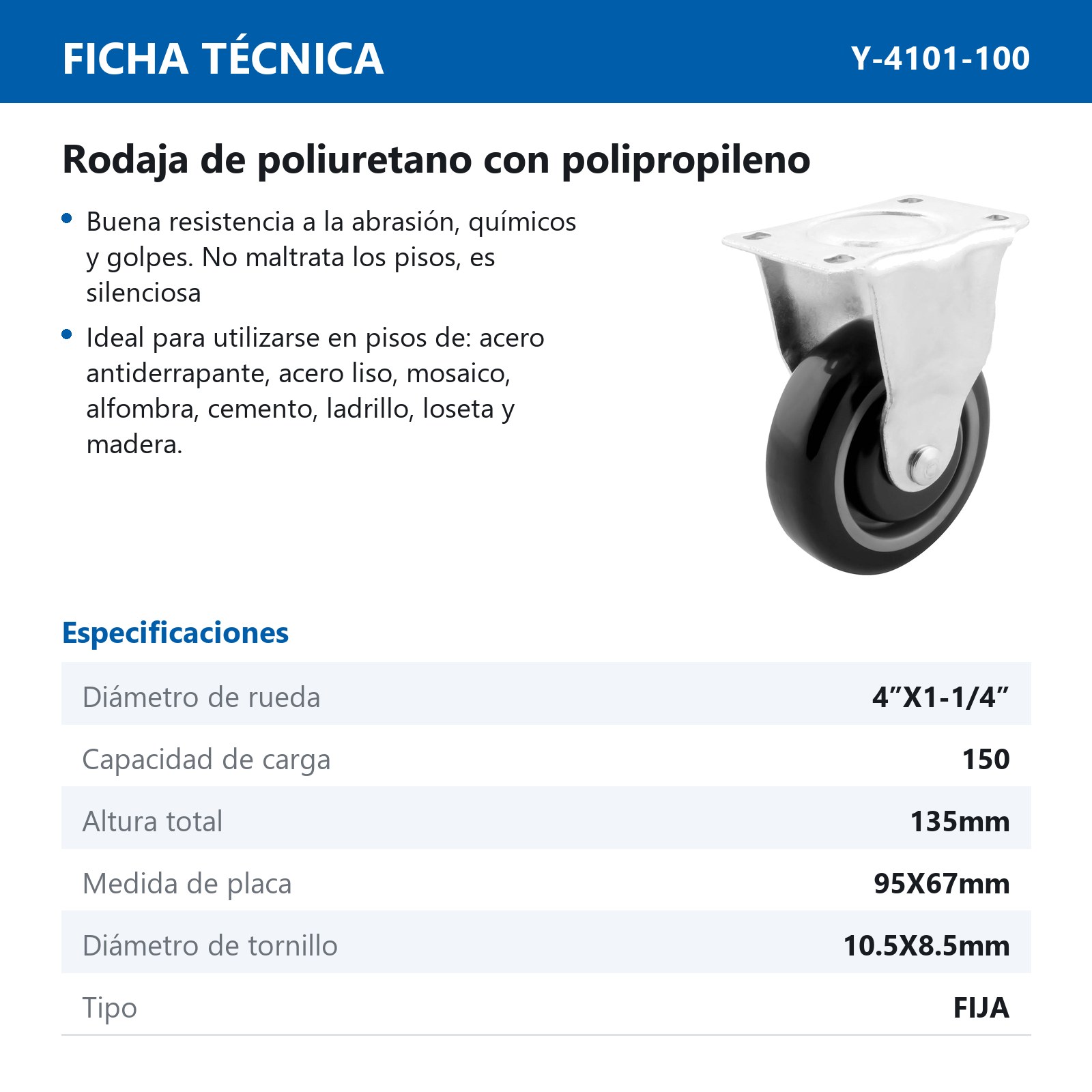 RODAJA PU/PP 4" x 1-1/4" P/CARRITO SUPER FIJA - Imagen 2