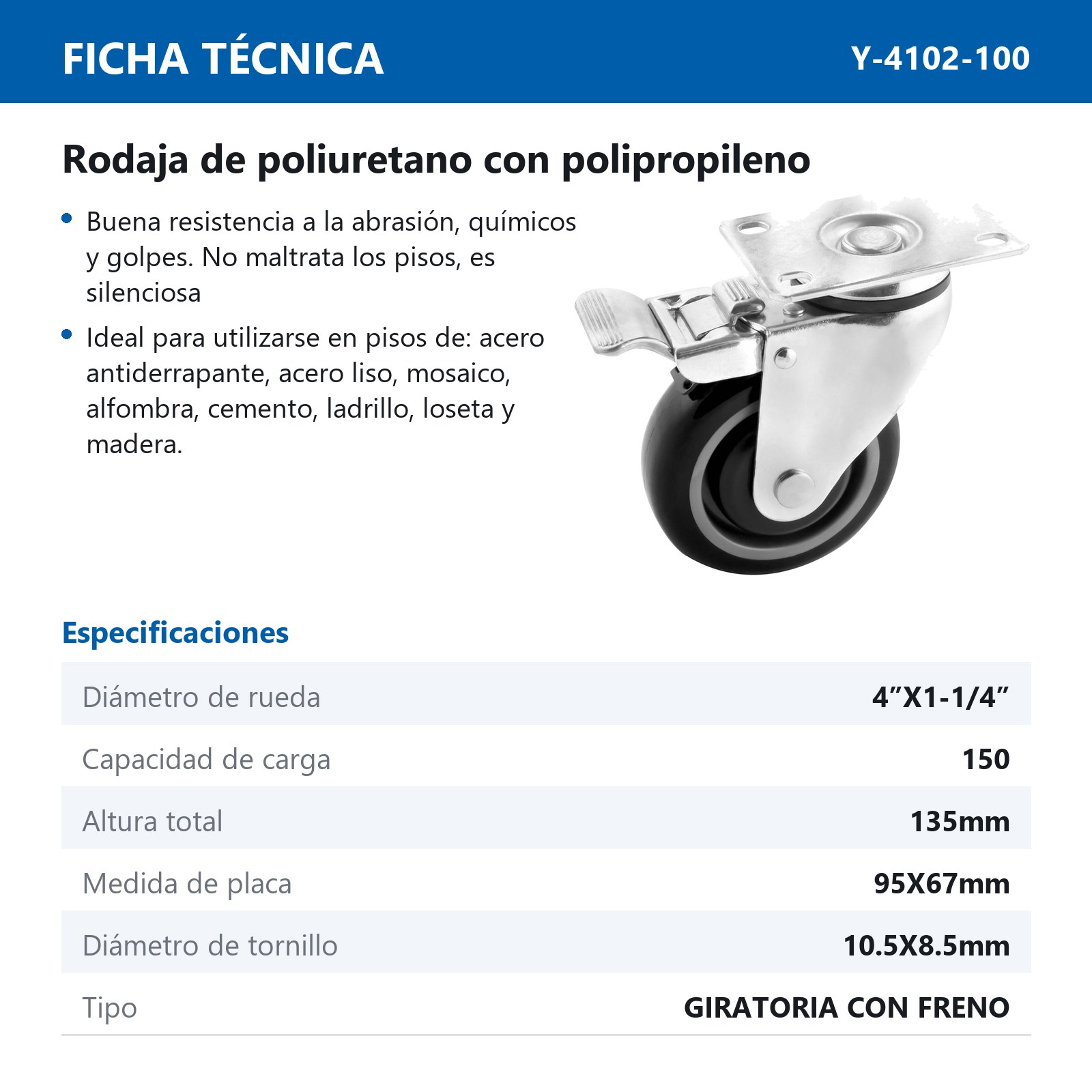 RODAJA PU/PP 4" x 1-1/4"  P/CARRITO SUPER GIRA. C/FRENO - Imagen 2