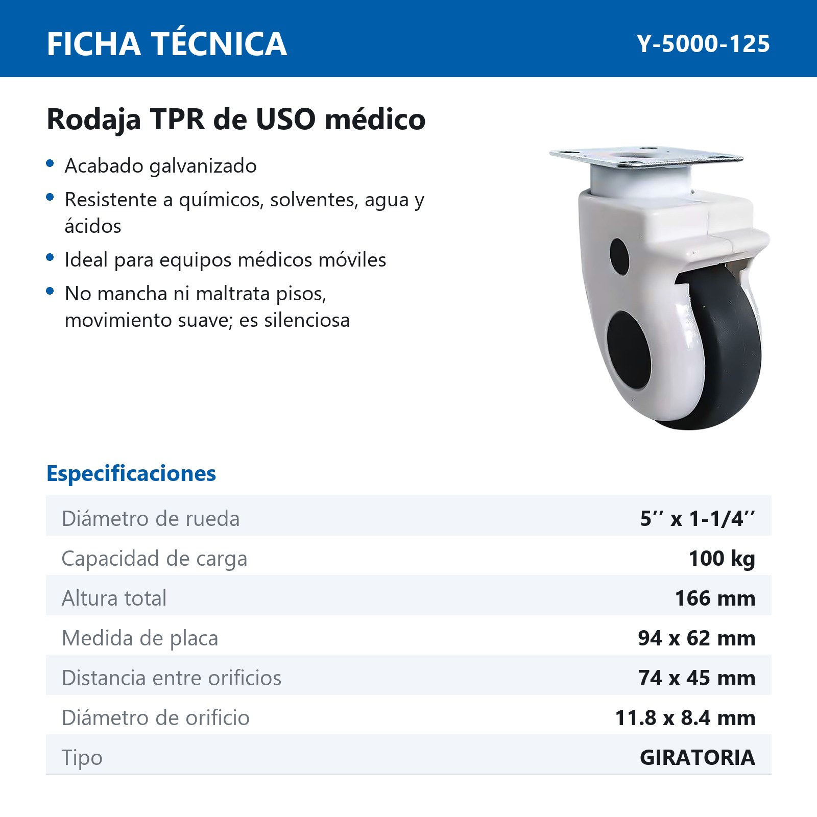 RODAJA USO MEDICO TPR GIRATORIA 5'' x 1-1/4'' - Imagen 2