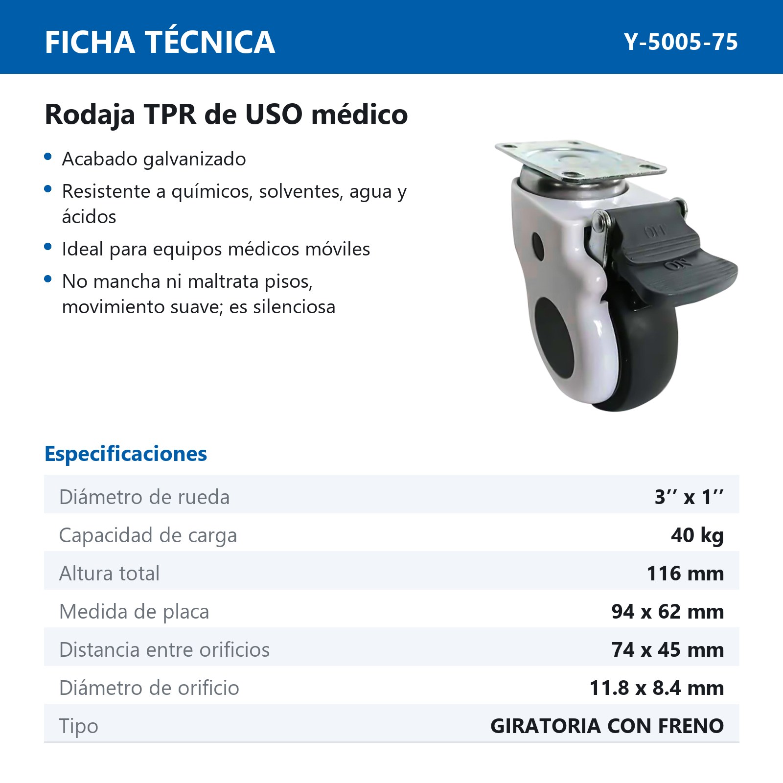 RODAJA USO MEDICO TPR GIRATORIA C/FRENO 3'' x 1'' - Imagen 2