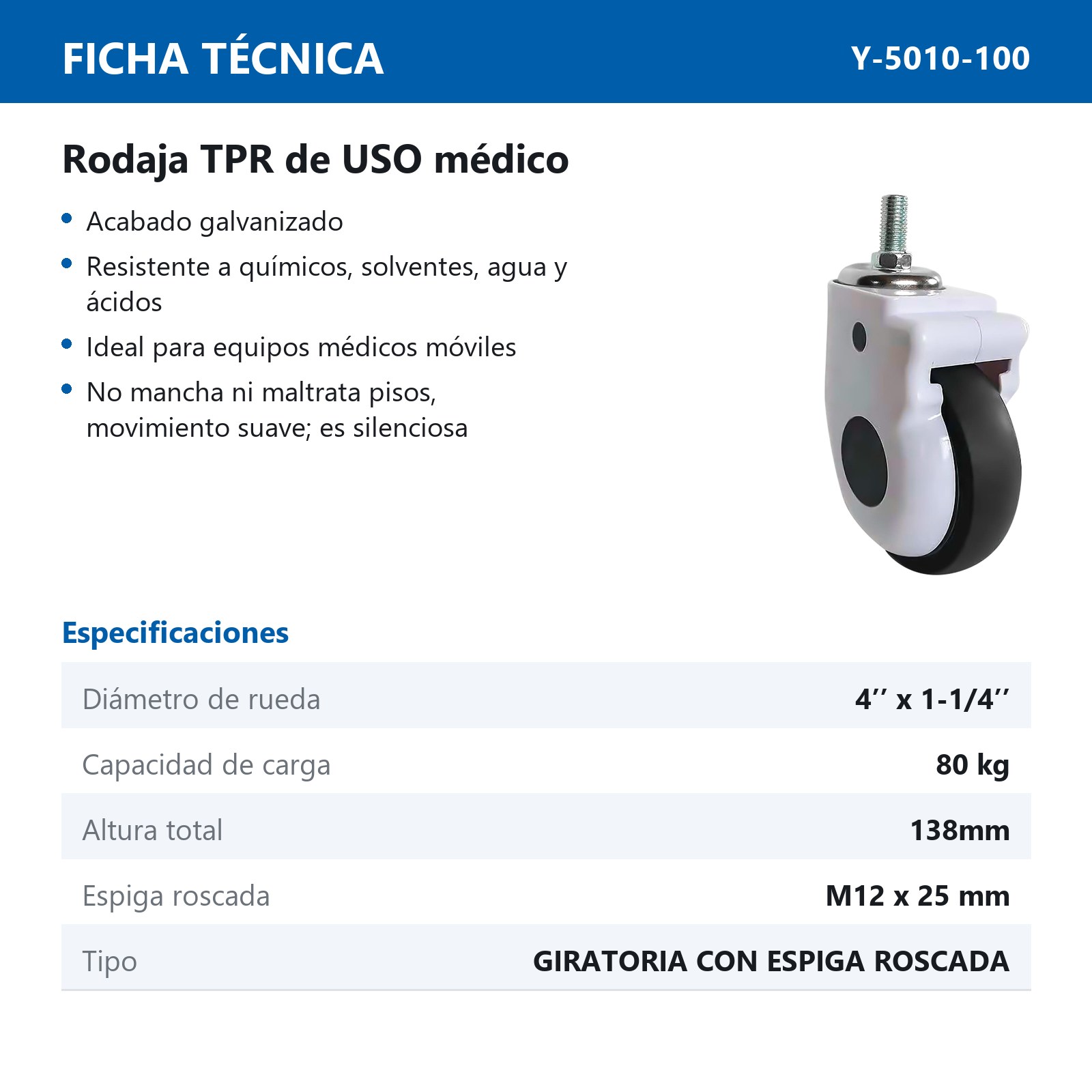 RODAJA USO MEDICO TPR GIRATORIA C/ESPIGA ROSCADA 4'' x 1-1/4'' - Imagen 2
