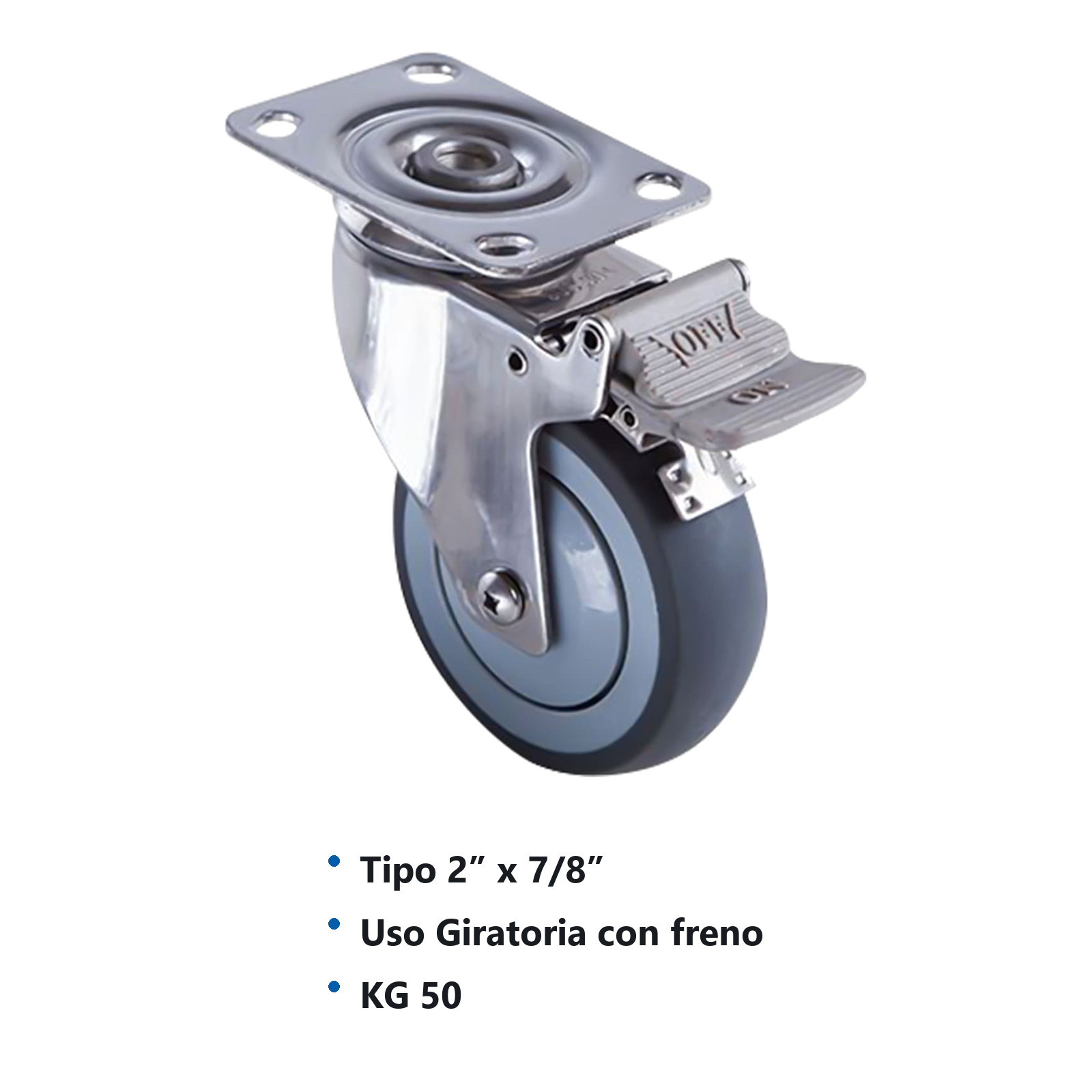 RODAJA TPR HORQUILLA DE A. INOX. USO LIGERO GIRATORIA C/FRENO 2'' x 7/8'' - Imagen 2