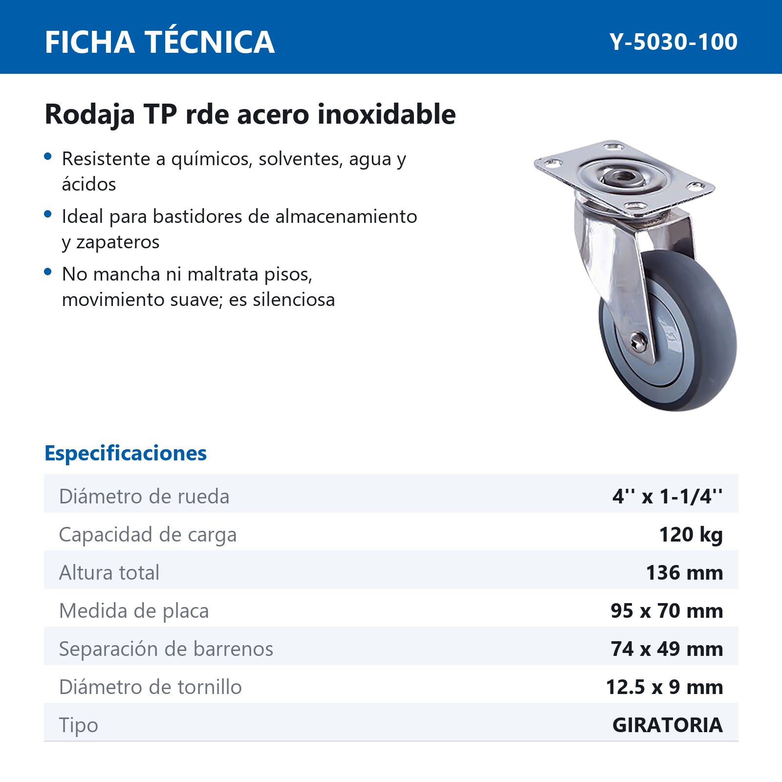 RODAJA TPR HORQUILLA DE A. INOX. USO MEDIO GIRATORIA 4'' x 1-1/4'' (REEMPLAZA Y-5030-50) - Imagen 2