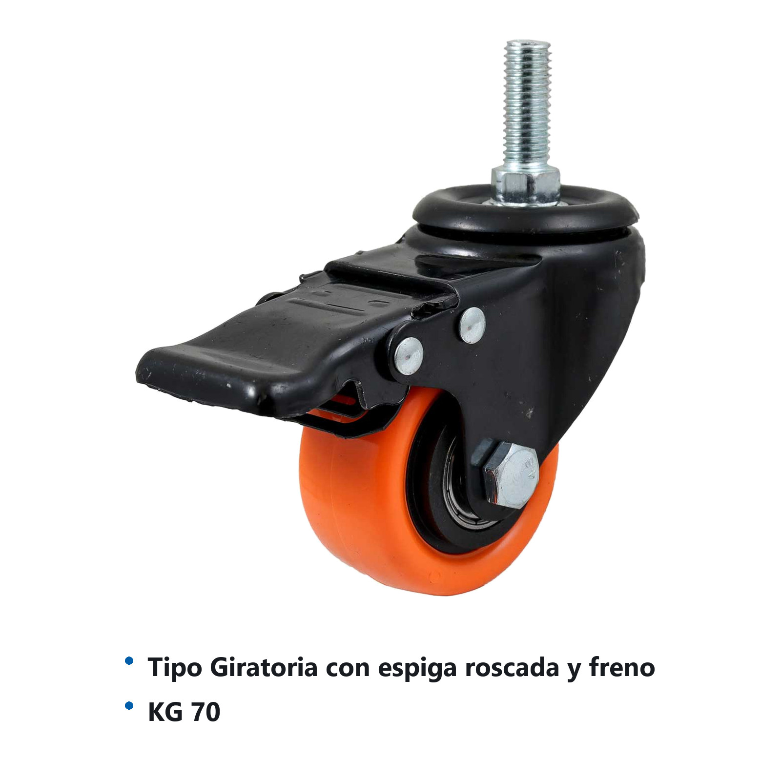 RODAJA NARANJA PU GIR. C/FRENO Y ESPIGA ROSCADA 2" x 1" - Imagen 2