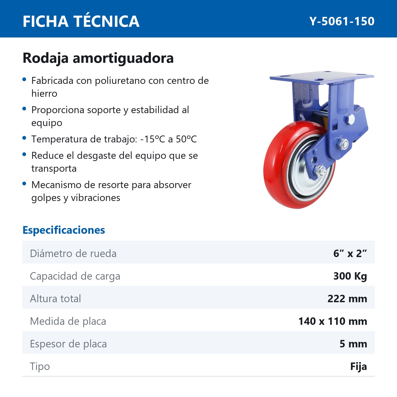 RODAJA AMORTIGUADORA D/PU FIJA 6 X 2" - Imagen 2