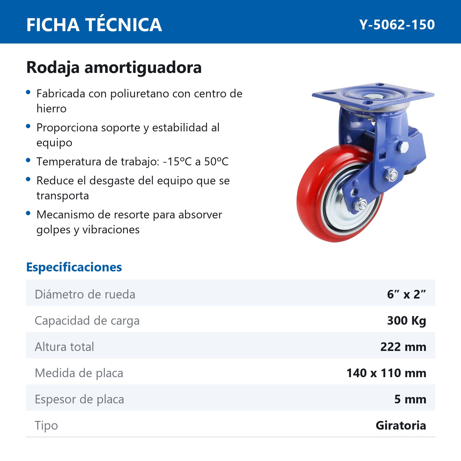 RODAJA AMORTIGUADORA D/PU GIRATORIA 6 X 2" - Imagen 2