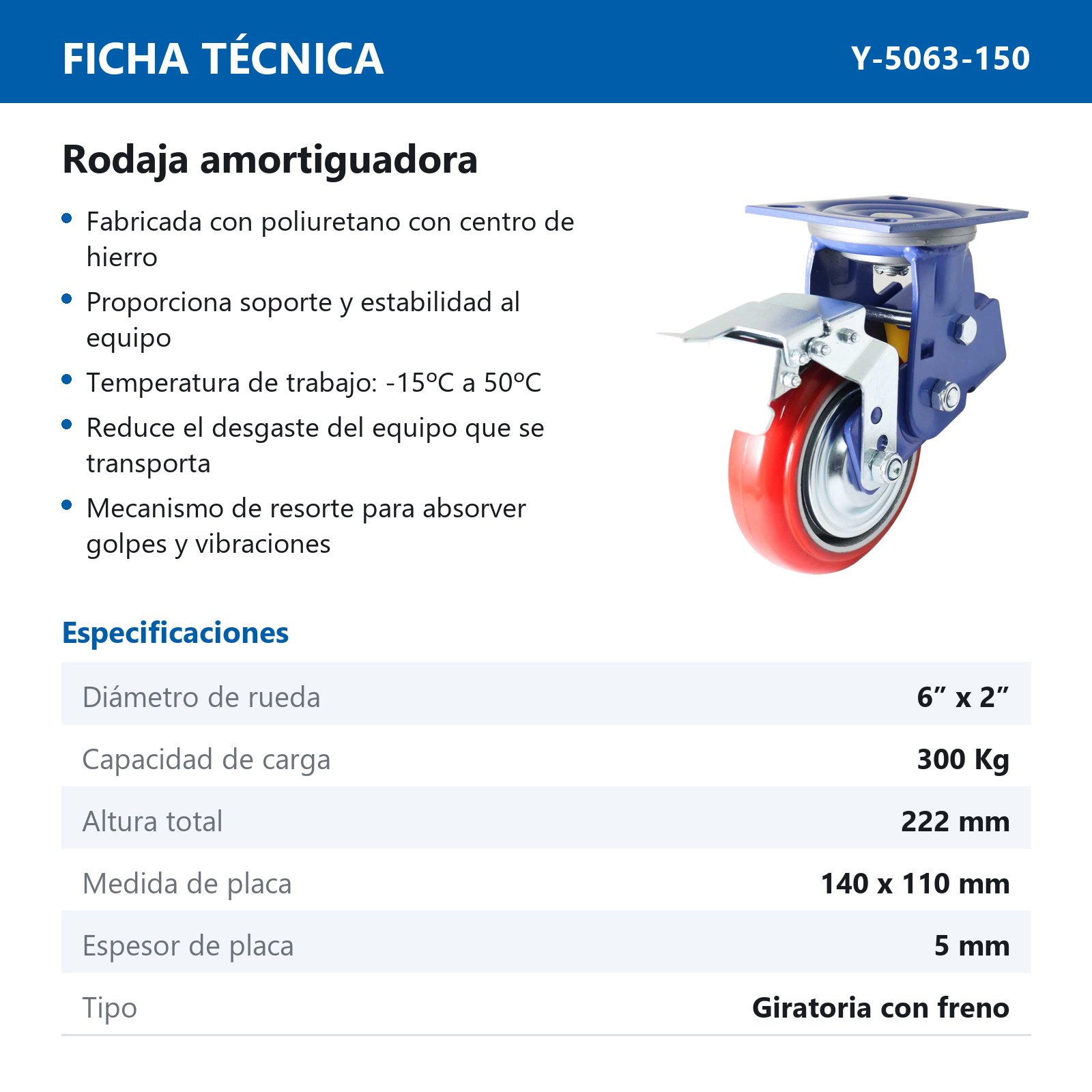 RODAJA AMORTIGUADORA D/PU GIRATORIA C/FRENO 6 X 2" - Imagen 2