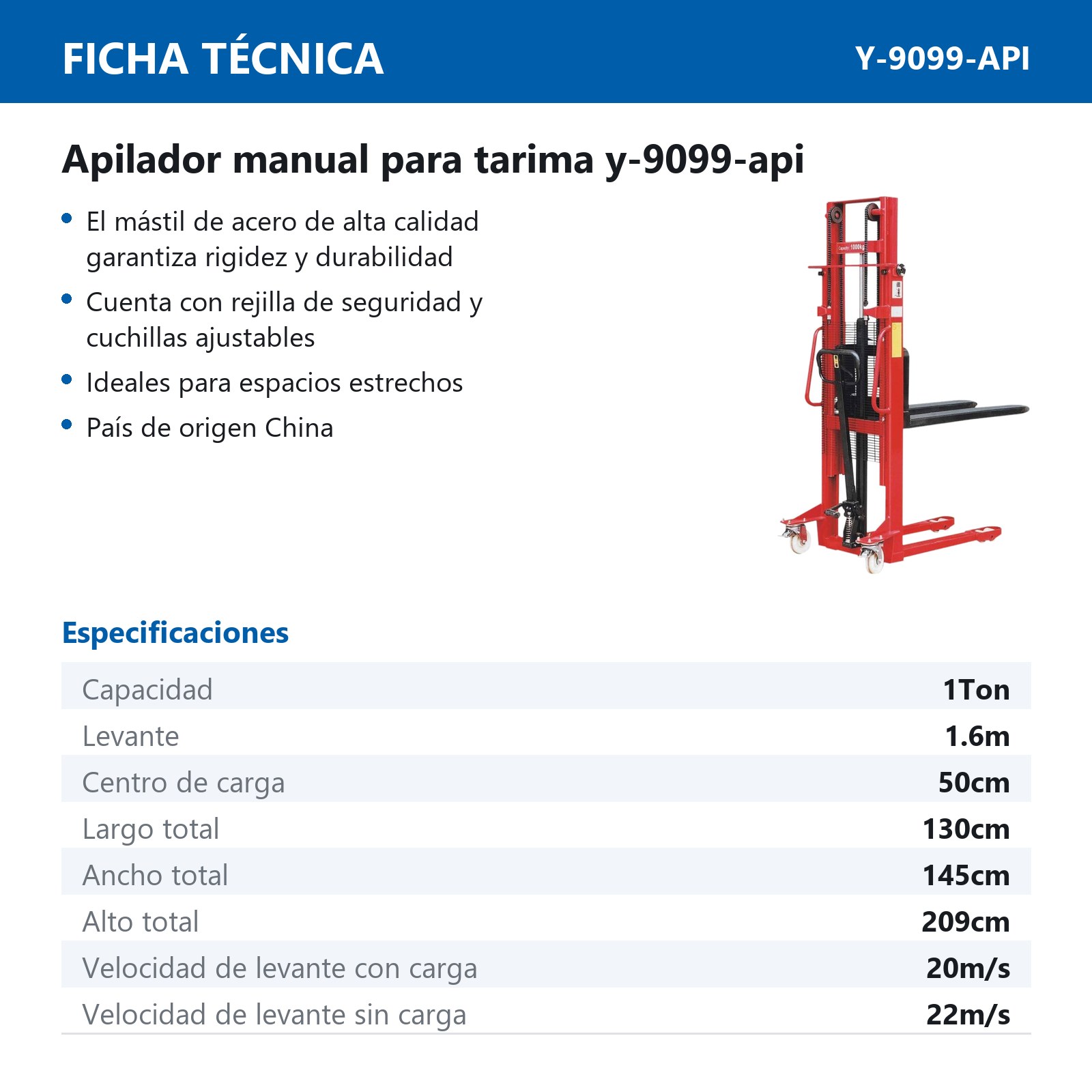 APILADOR MANUAL P/TARIMA ELEVACION HIDRAULICA 1 TON X 1.6 M - Imagen 2